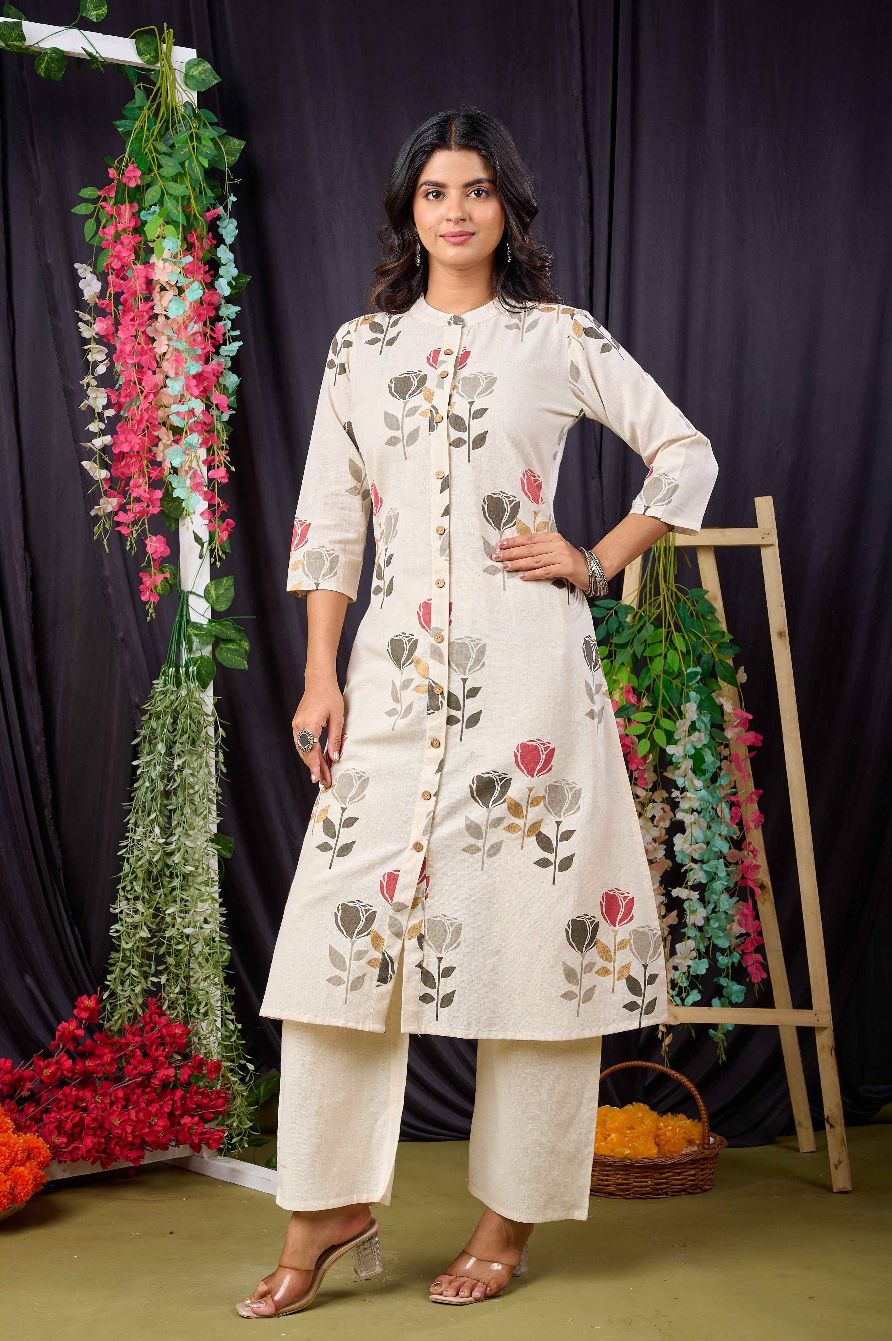 Elegant red floral print kurta by Belveera in cream with three-quarter sleeves and a button front