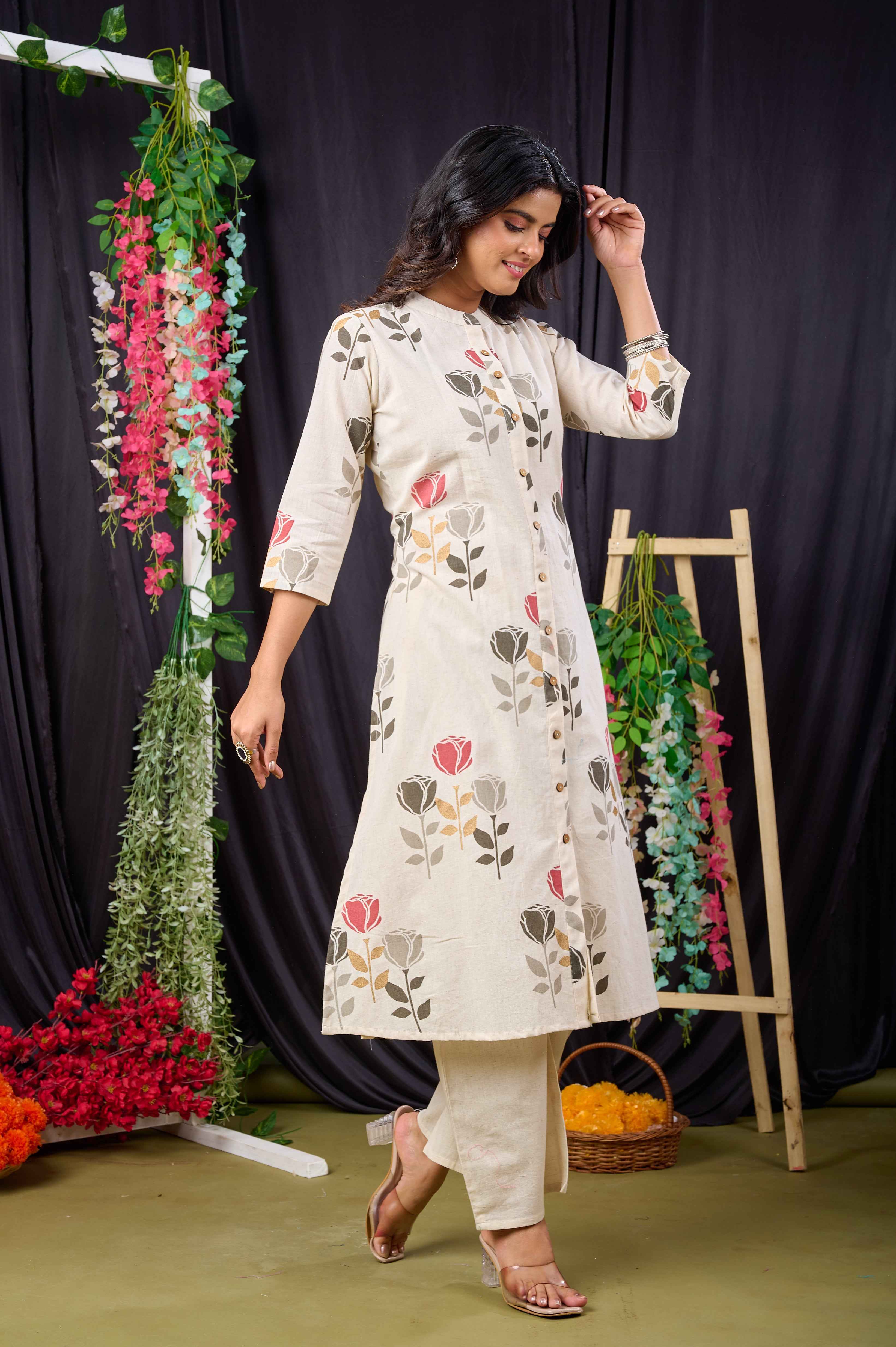 Belveera Red Floral Print Kurta in Cream with Elegant Design and Comfortable Fit