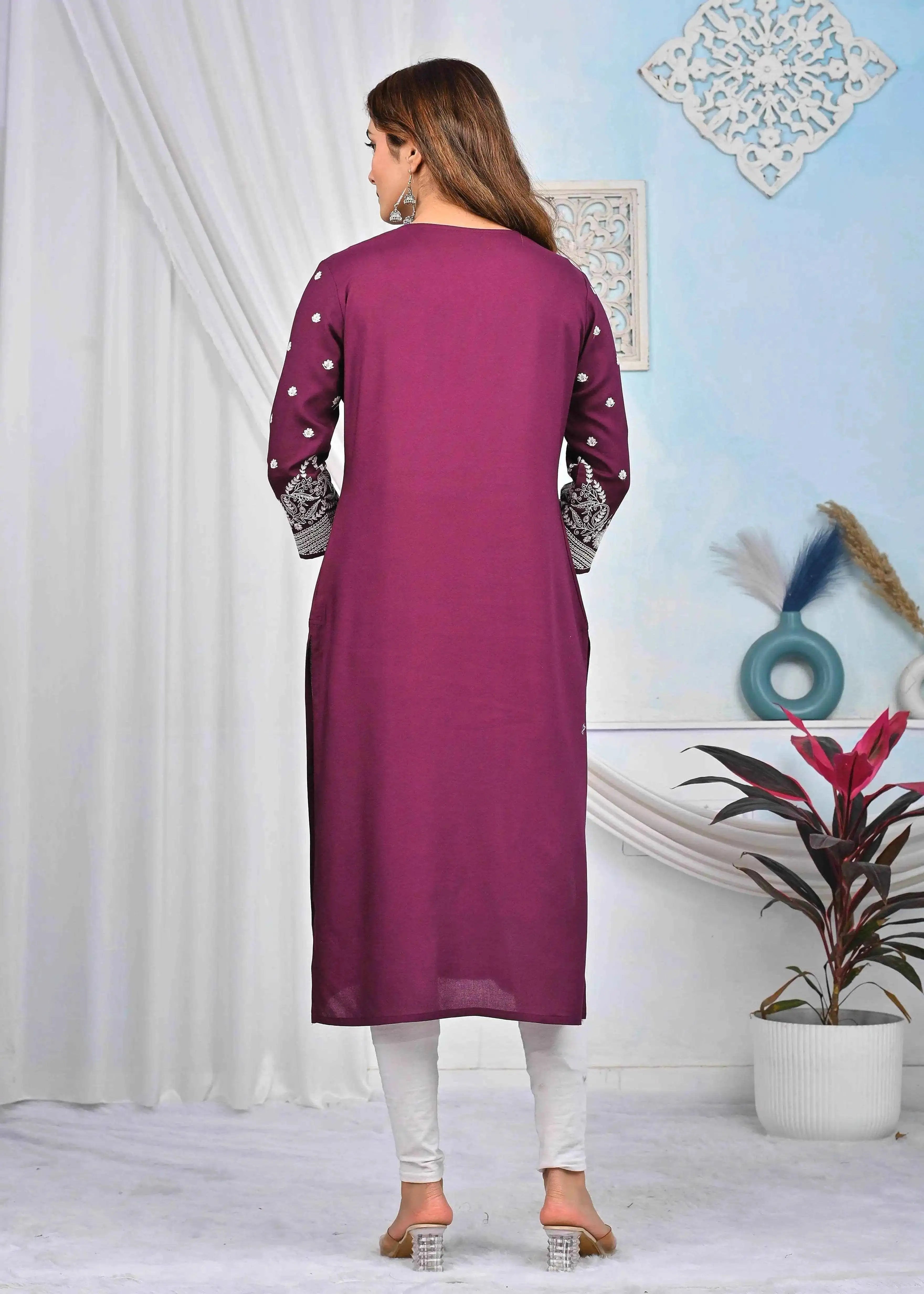 BELVEERA Wine Rayon Embroidered Yoke and Sleeves Kurta