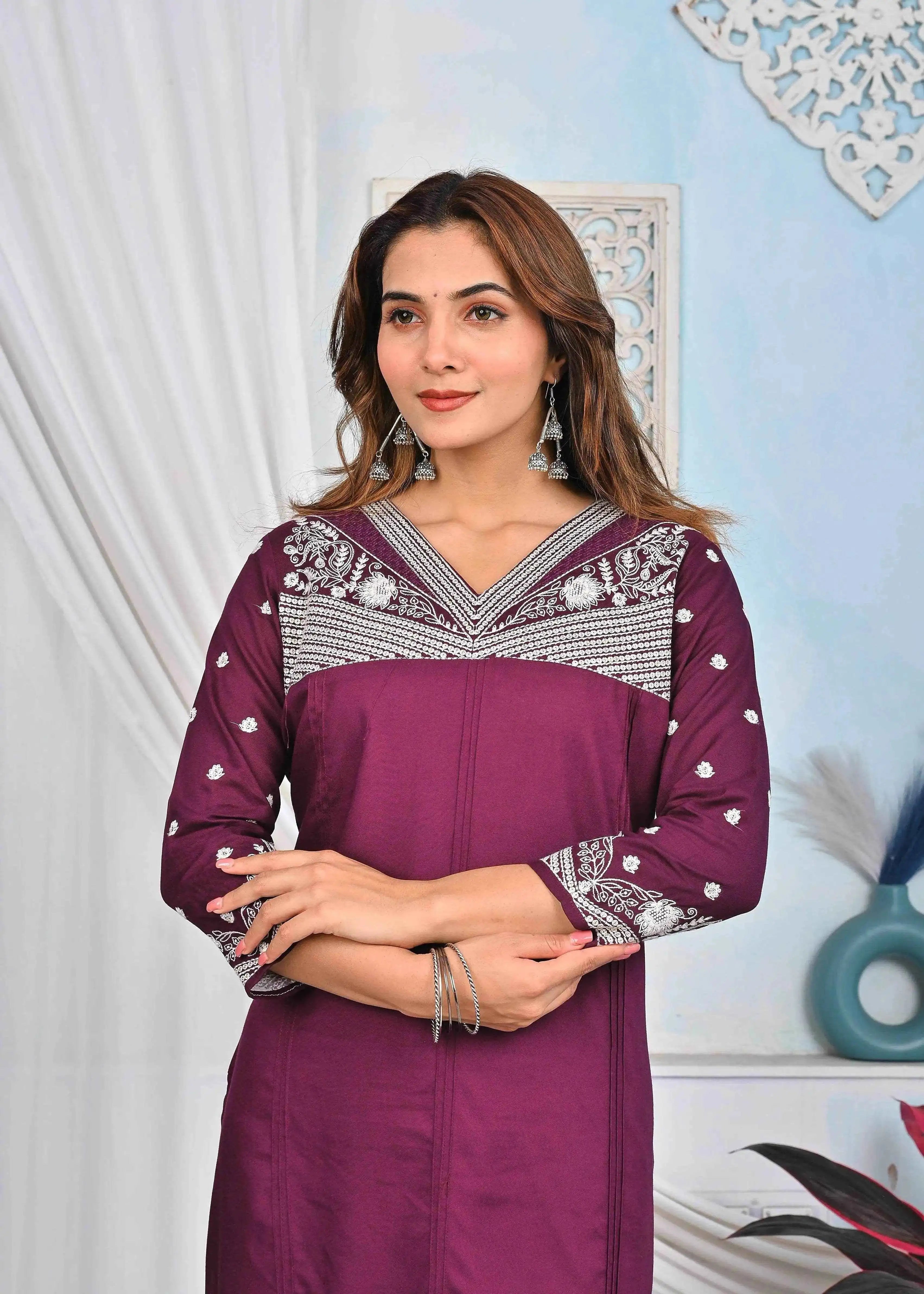 BELVEERA Wine Rayon Embroidered Yoke and Sleeves Kurta