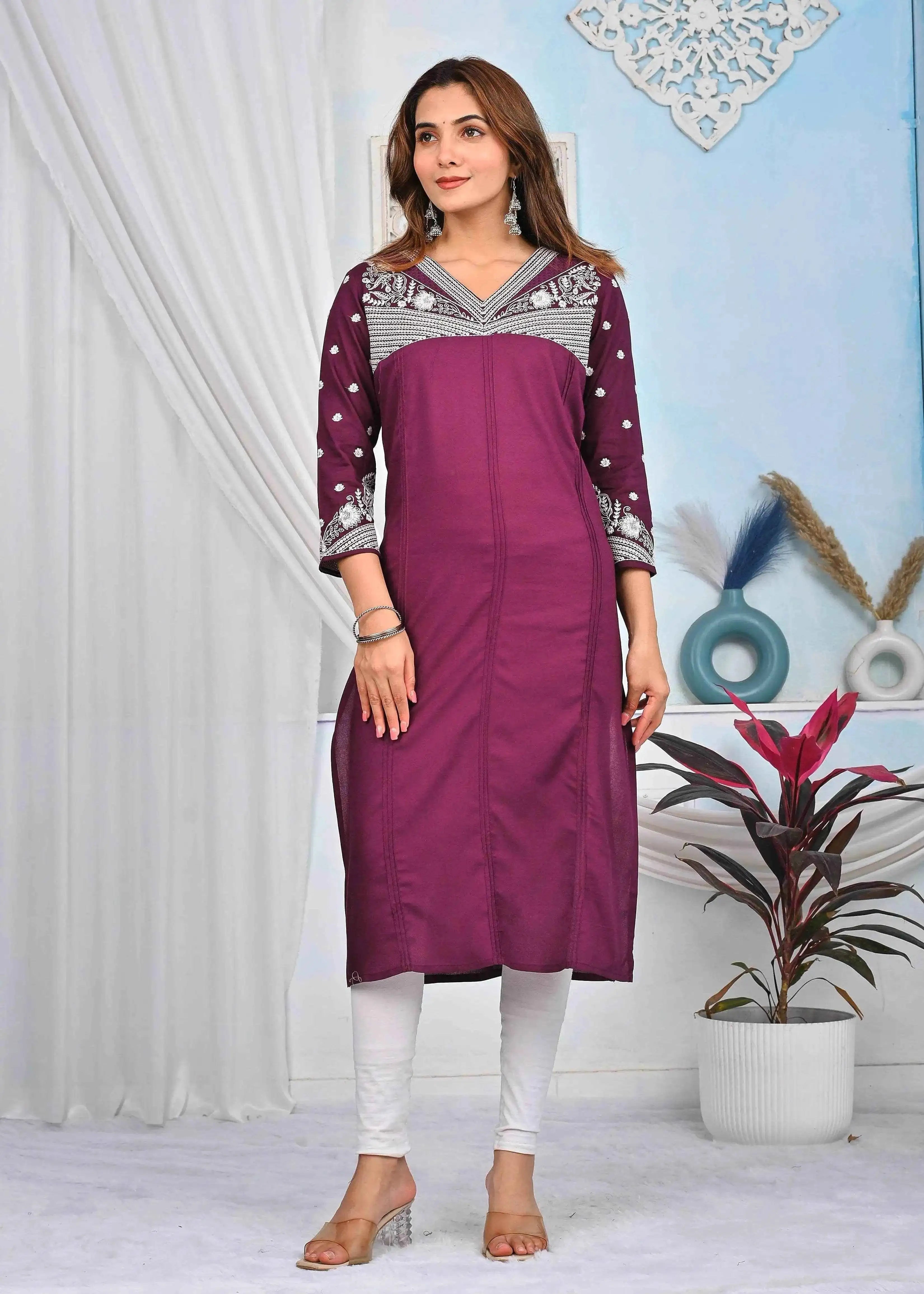 BELVEERA Wine Rayon Embroidered Yoke and Sleeves Kurta