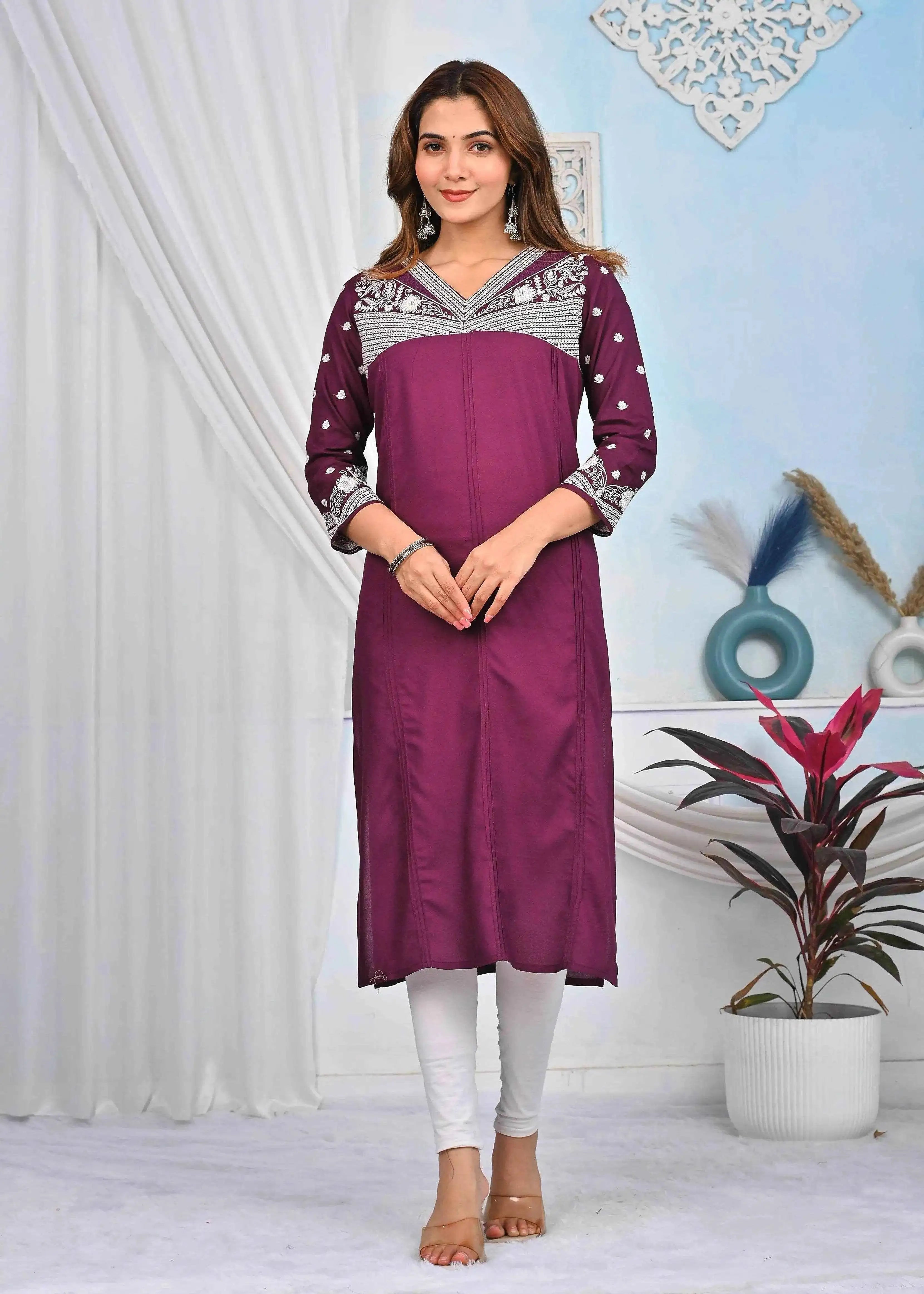 BELVEERA Wine Rayon Embroidered Yoke and Sleeves Kurta