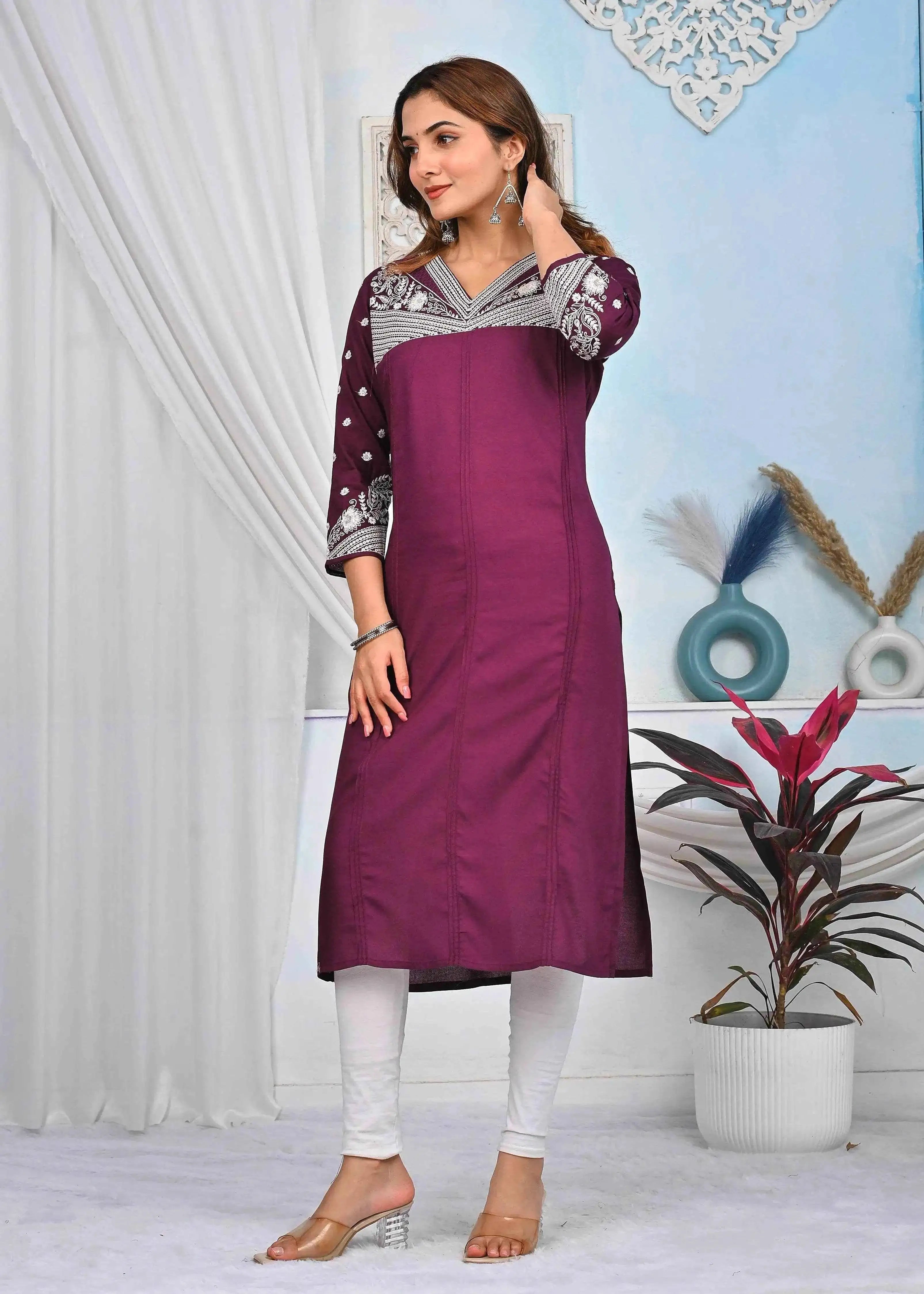 BELVEERA Wine Rayon Embroidered Yoke and Sleeves Kurta