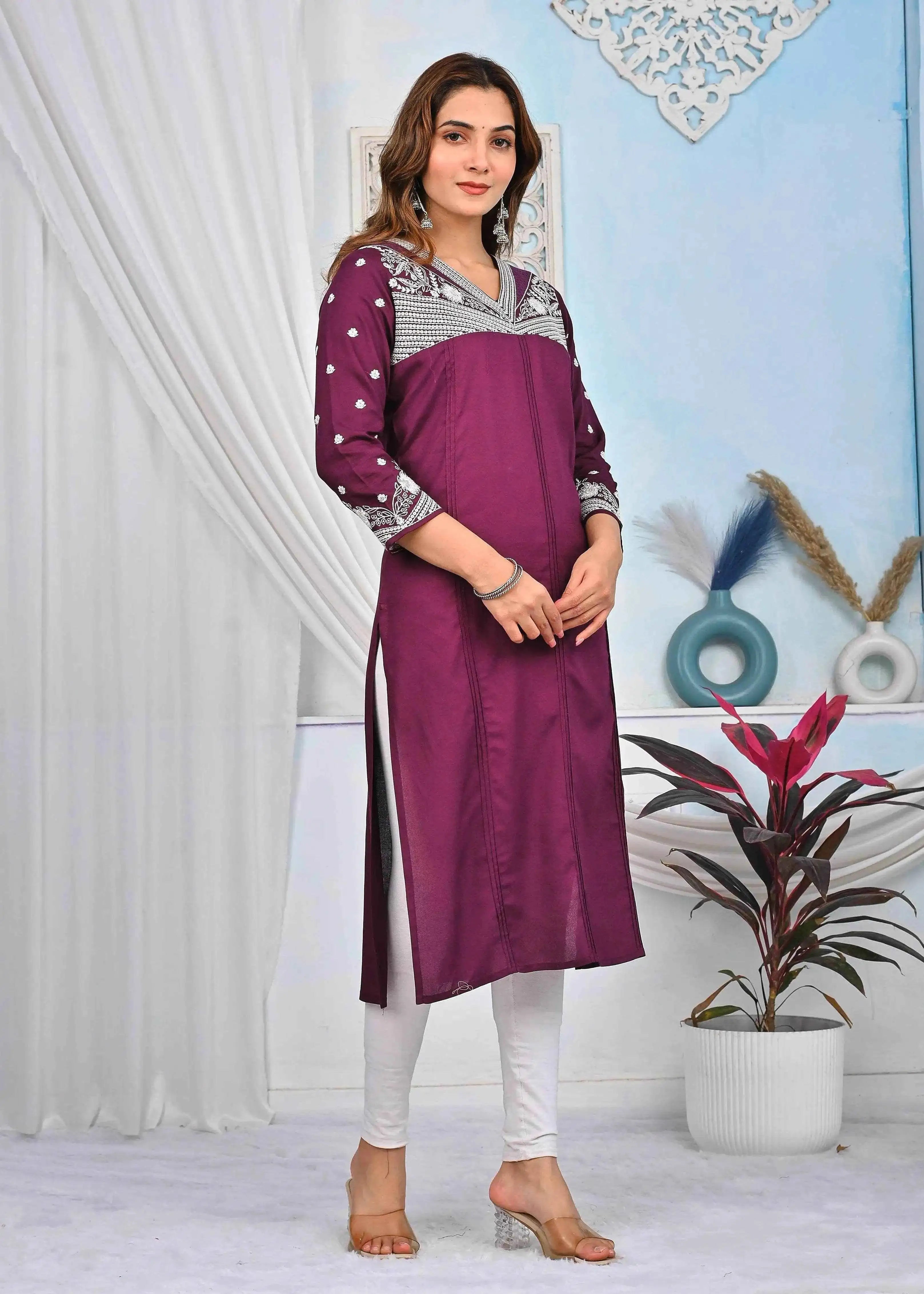 BELVEERA Wine Rayon Embroidered Yoke and Sleeves Kurta