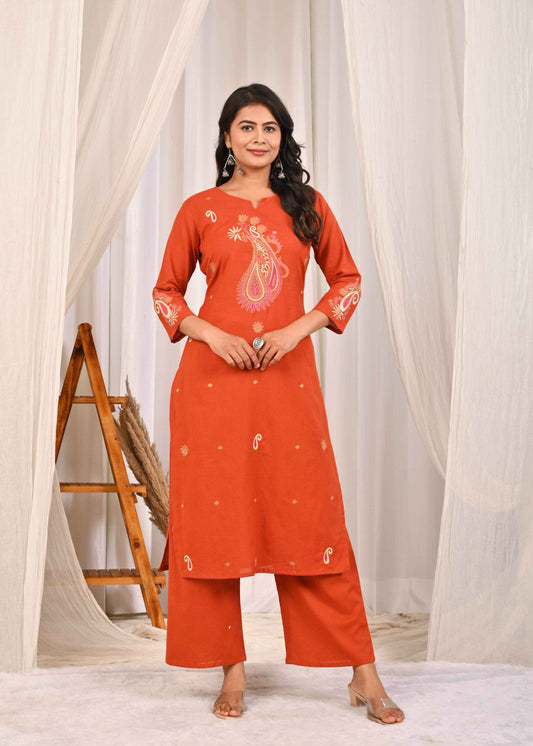 Rust floral embroidered kurta set featuring intricate design and comfortable fit for casual wear