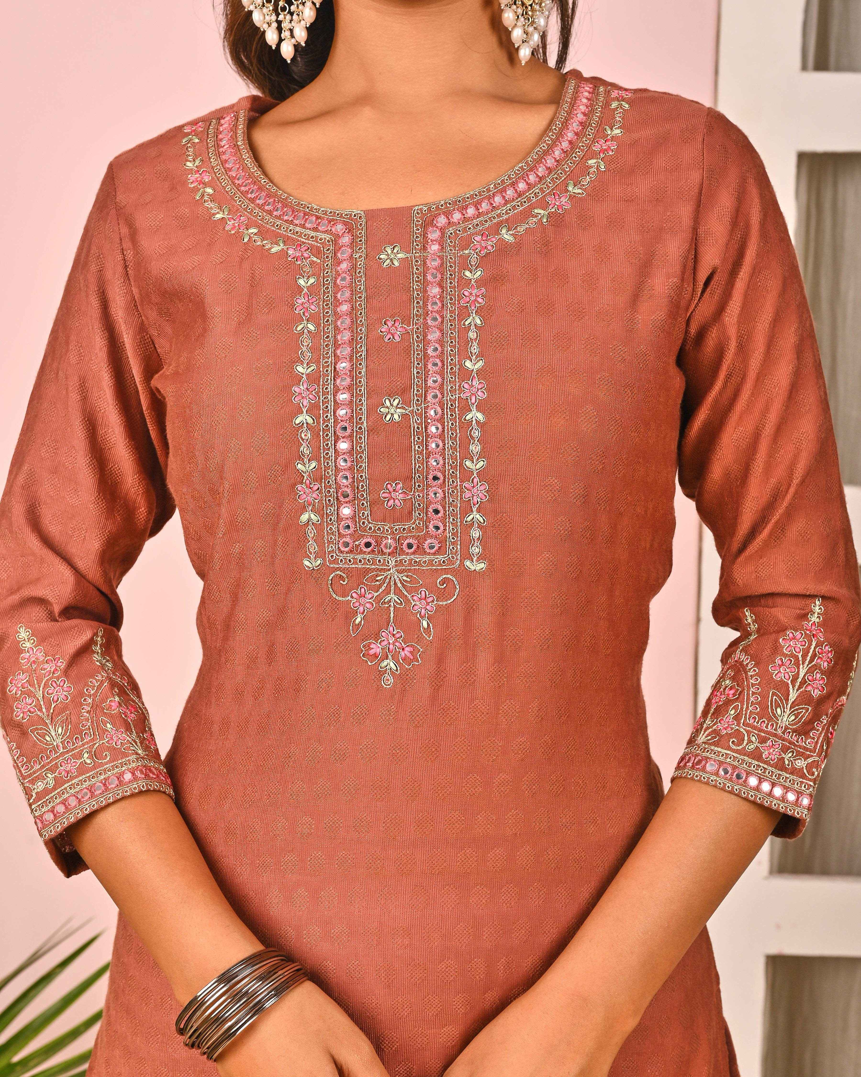 Belveera rust orange cotton kurta with intricate embroidery and three-quarter sleeves