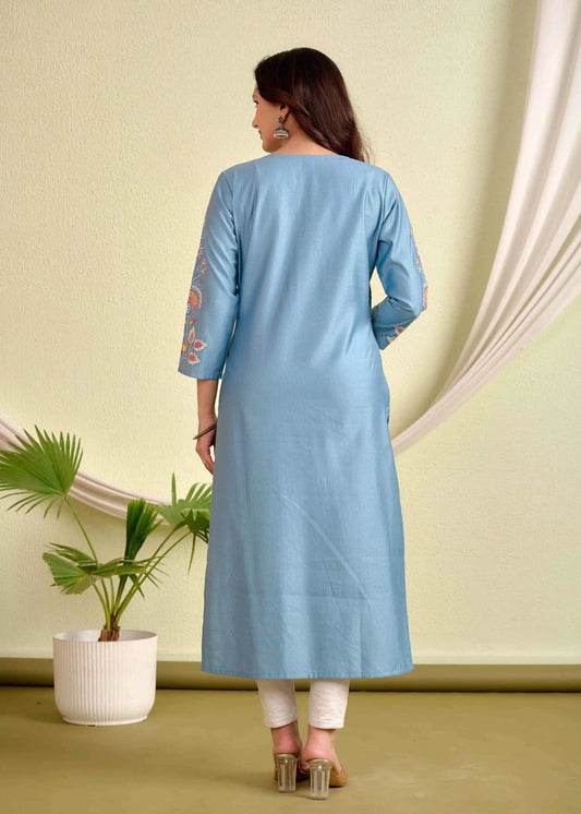 Belveera Sky Blue Silk Kurta for Women with Embroidery