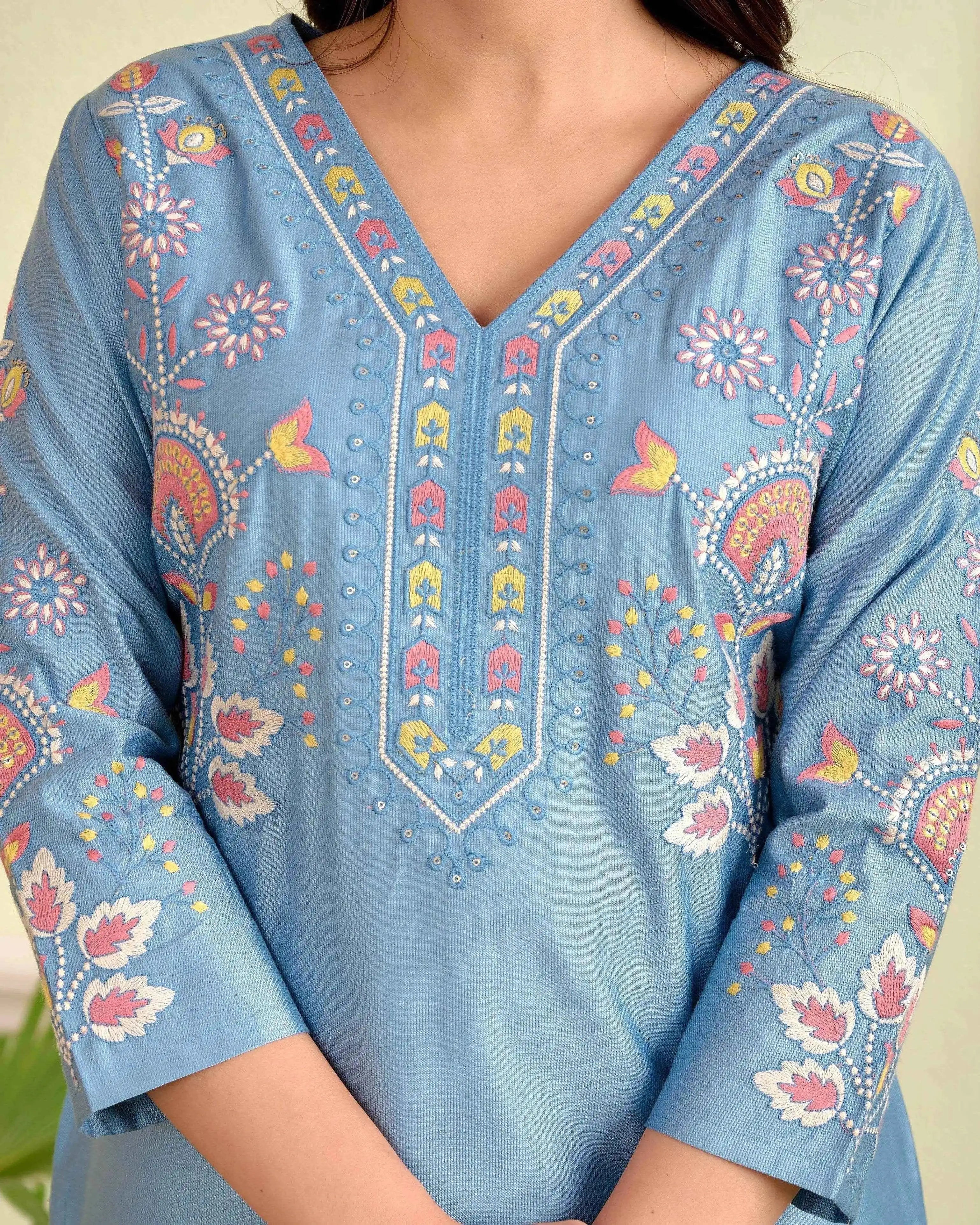 Belveera Sky Blue Silk Kurta for Women with Embroidery