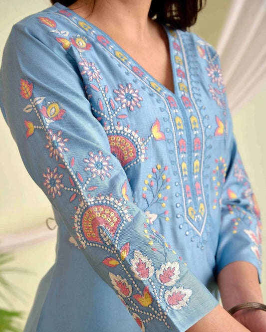 Belveera Sky Blue Silk Kurta for Women with Embroidery