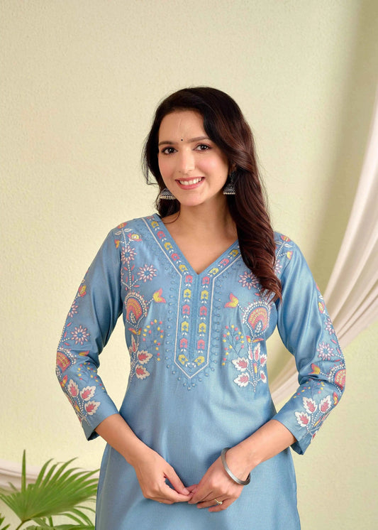Belveera Sky Blue Silk Kurta for Women with Embroidery