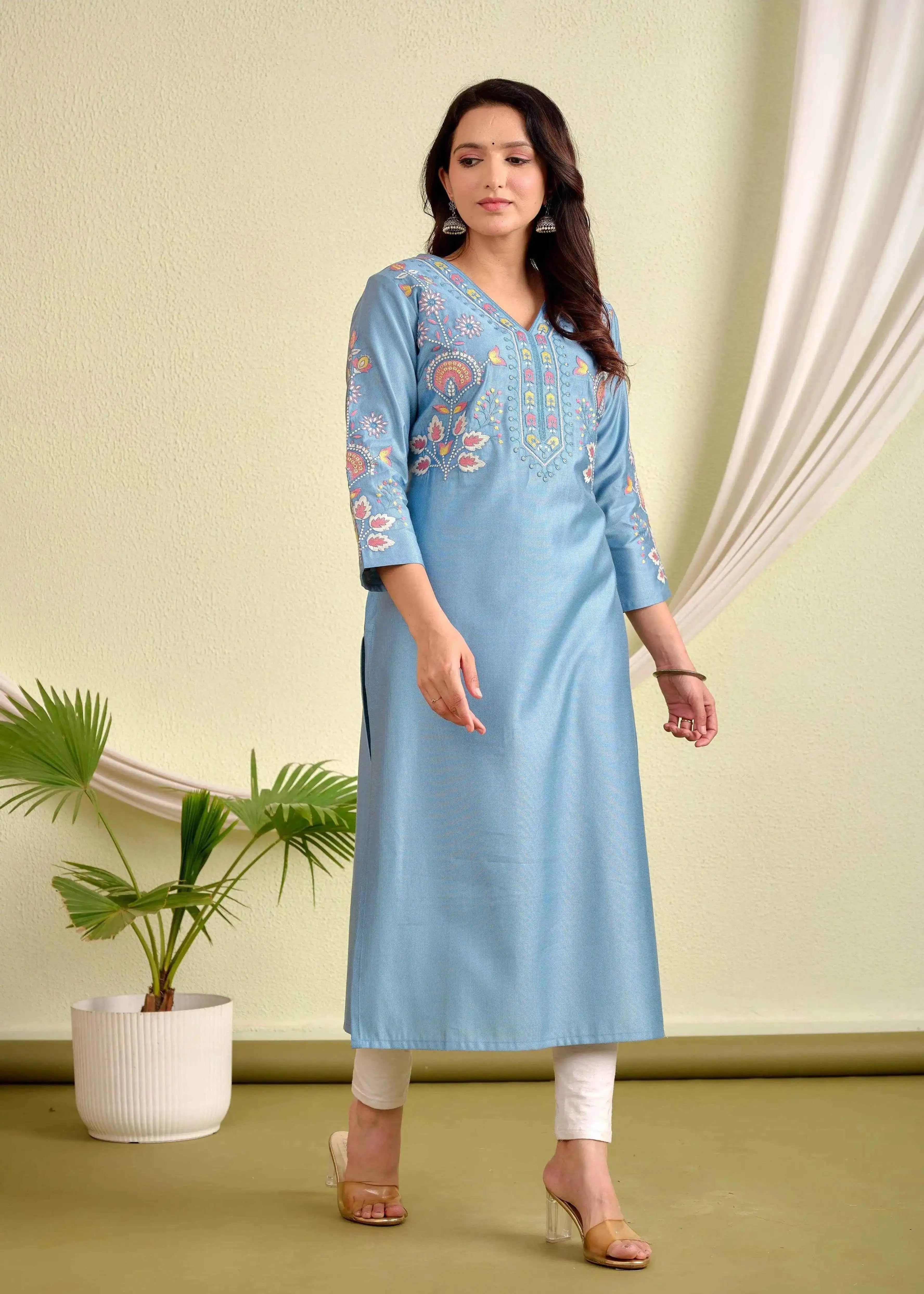 Belveera Sky Blue Silk Kurta for Women with Embroidery