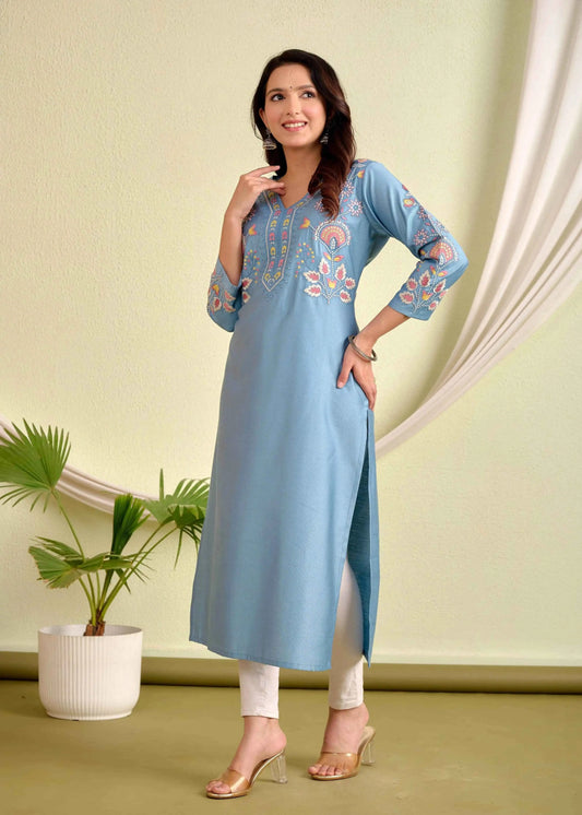 Belveera Sky Blue Silk Kurta for Women with Embroidery