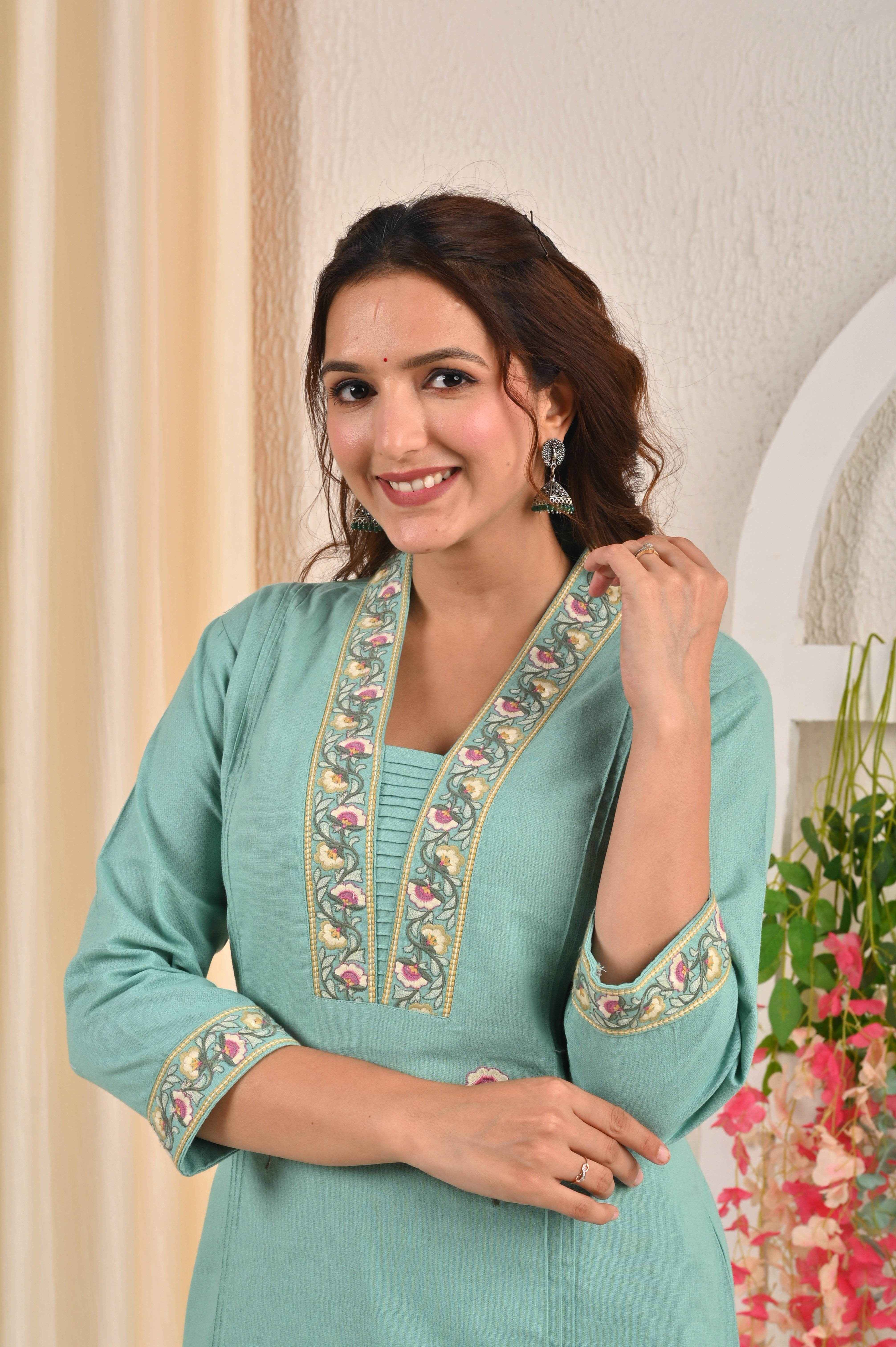 BELVEERA Sky Blue Cotton Women's Embroidered Kurta Set