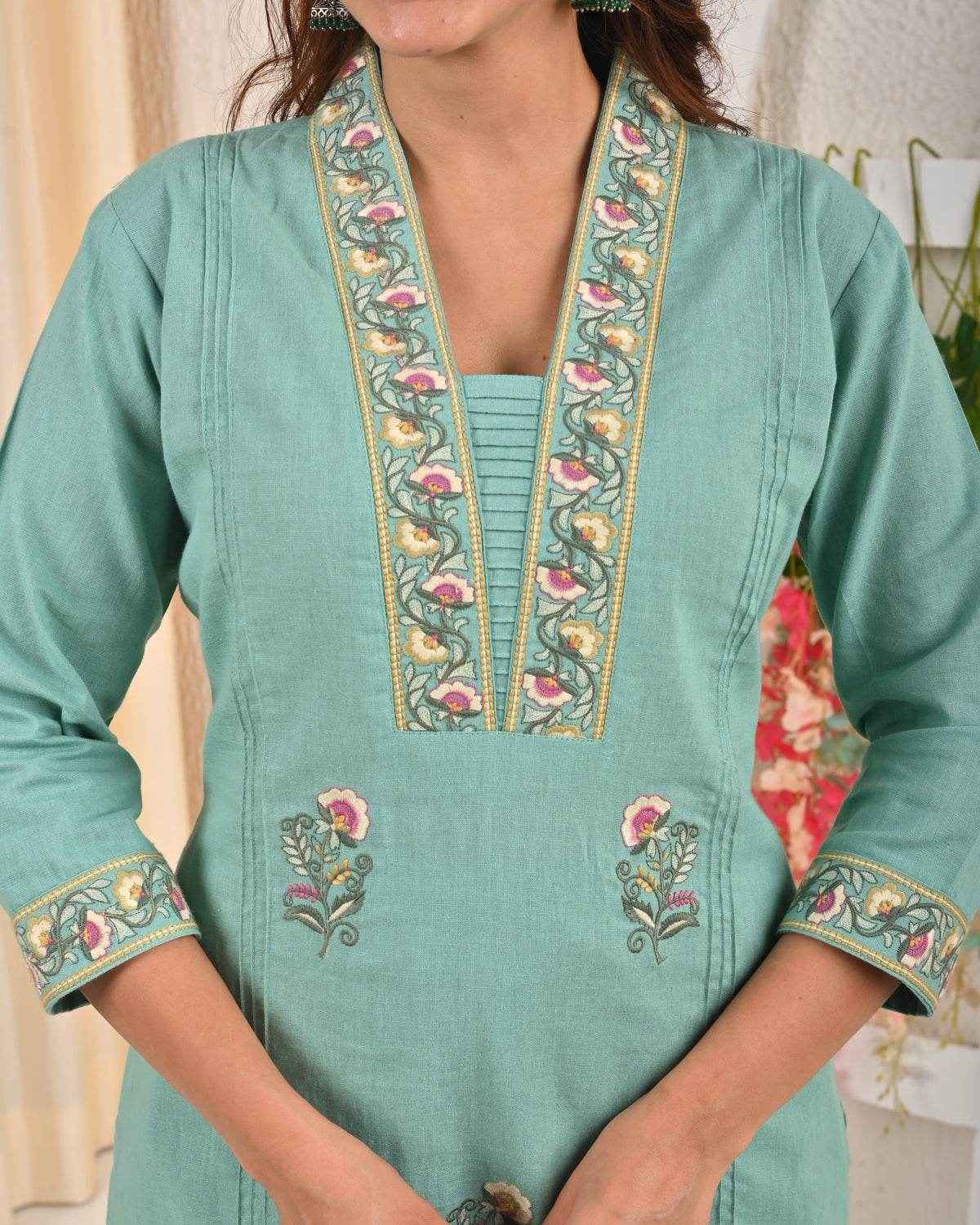 BELVEERA Sky Blue Cotton Women's Embroidered Kurta Set