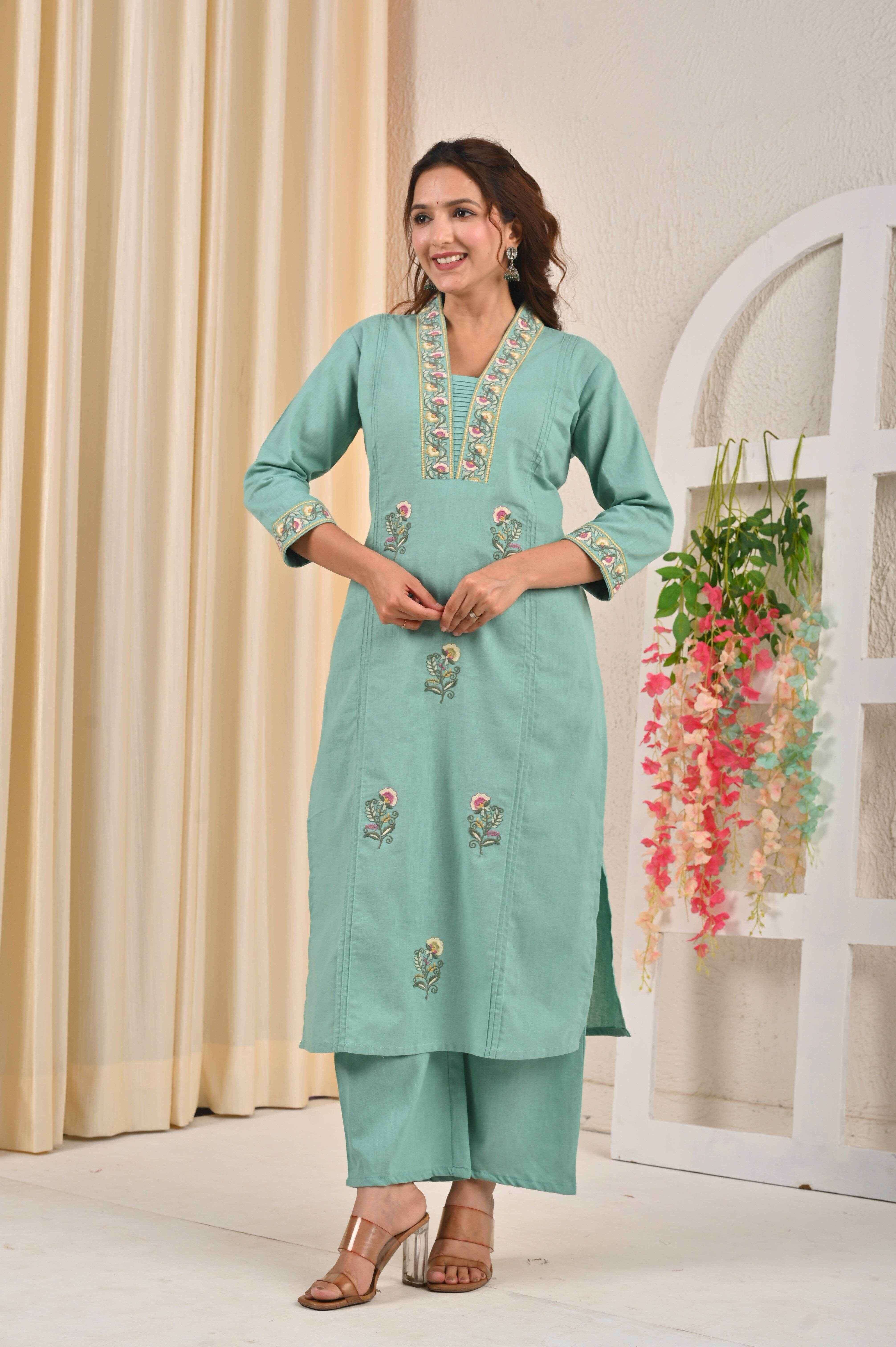 BELVEERA Sky Blue Cotton Women's Embroidered Kurta Set
