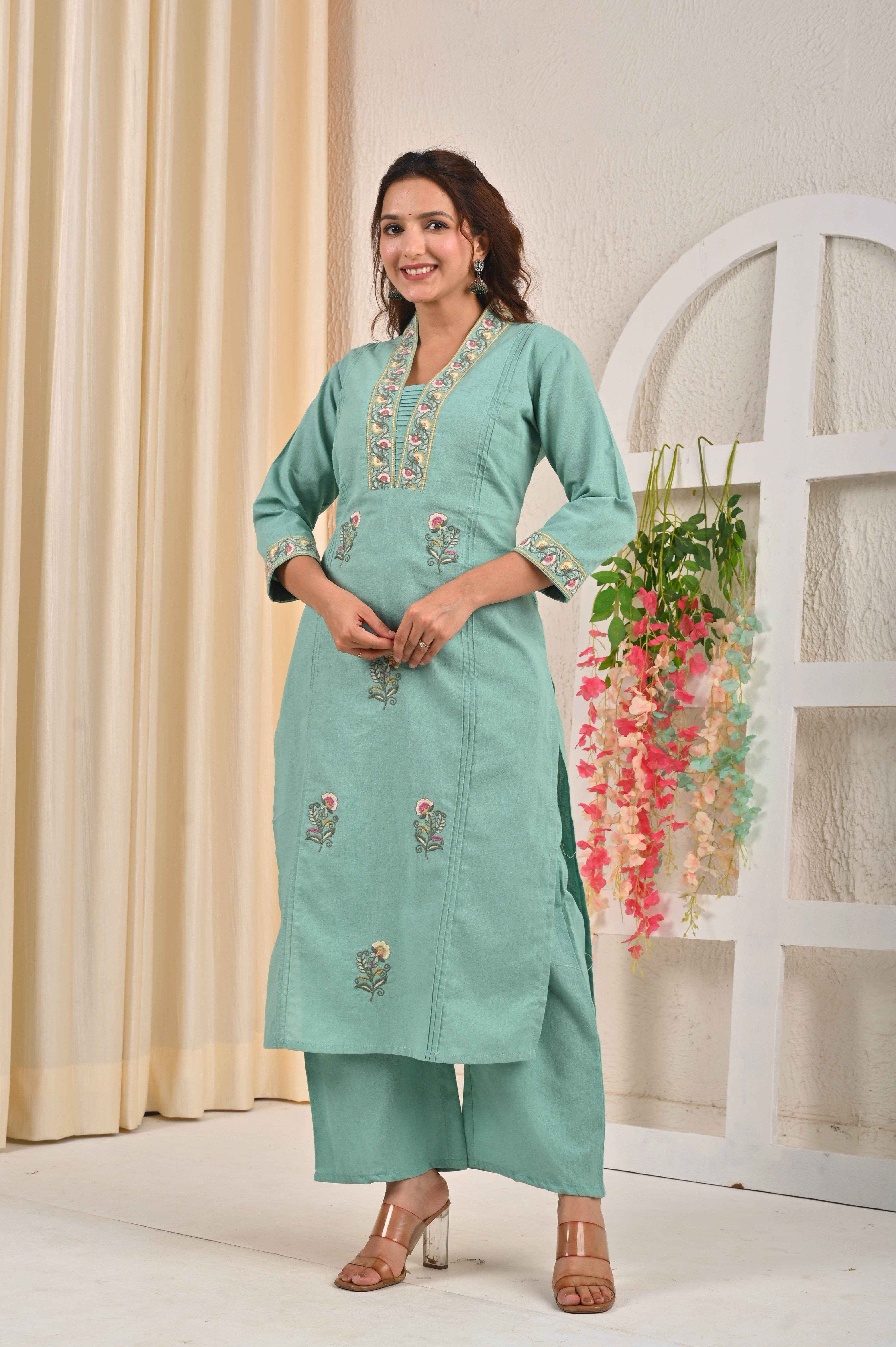 BELVEERA Sky Blue Cotton Women's Embroidered Kurta Set