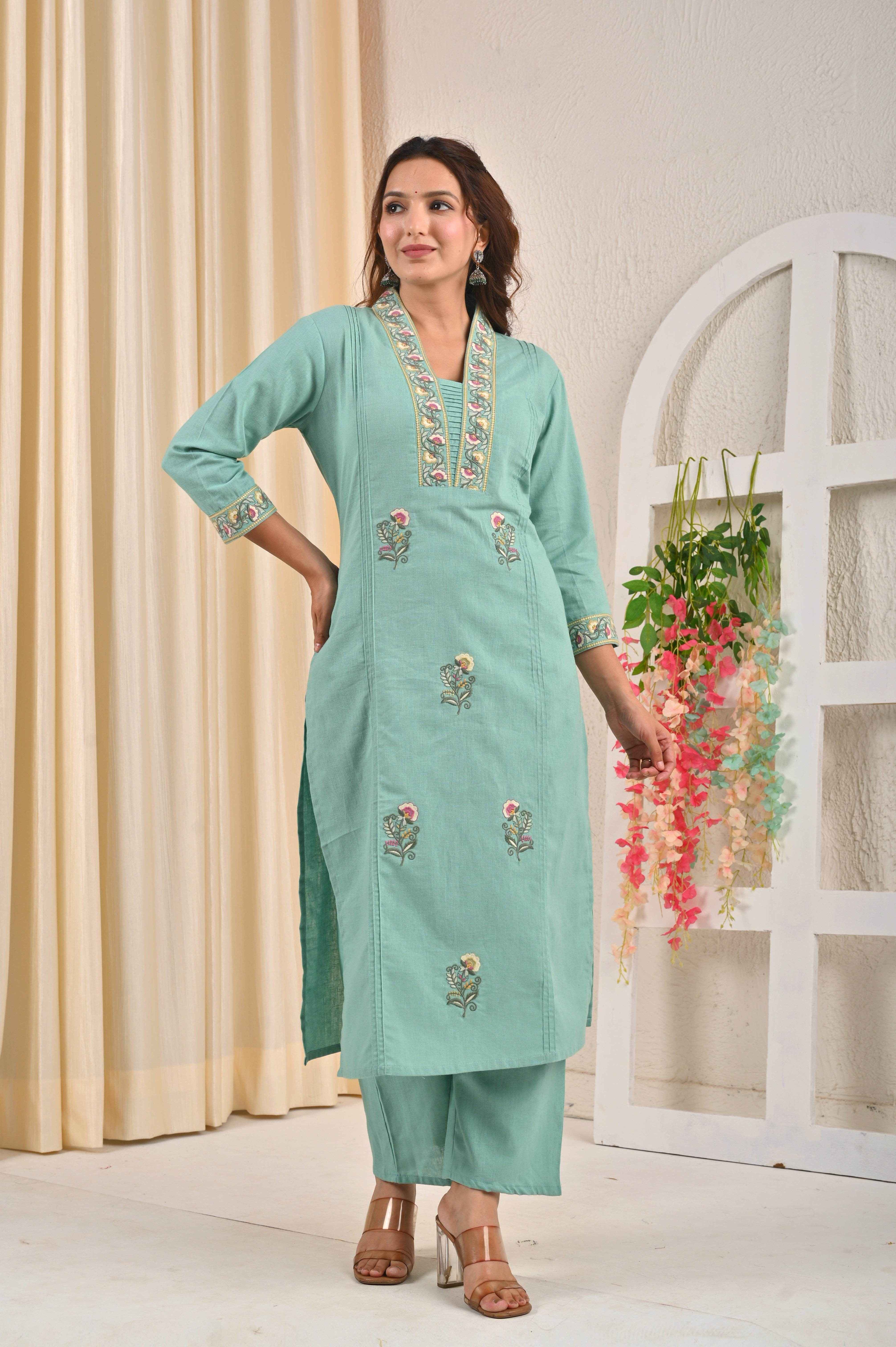 BELVEERA Sky Blue Cotton Women's Embroidered Kurta Set