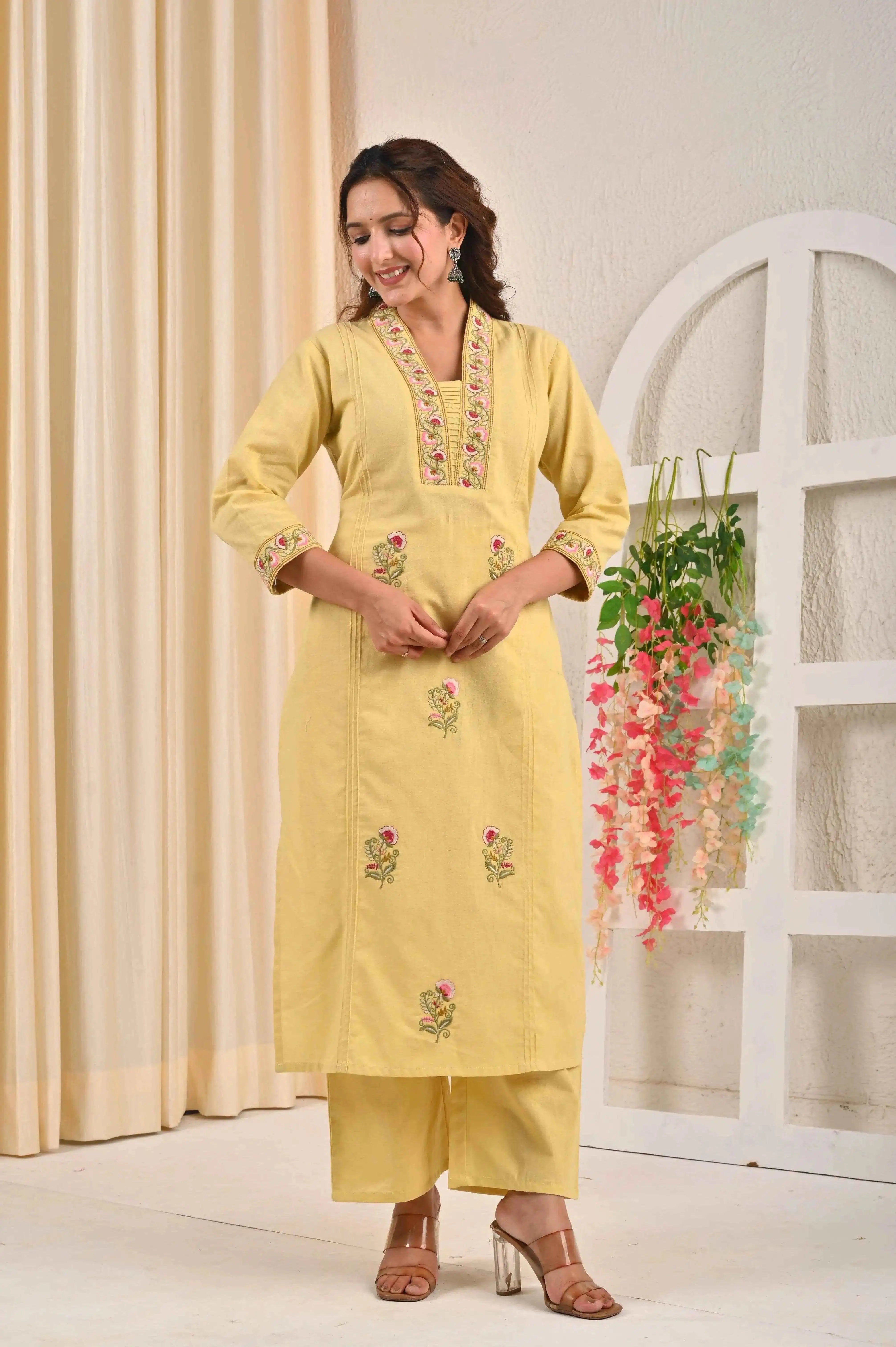 BELVEERA Yellow Cotton Women's Embroidered Kurta Set