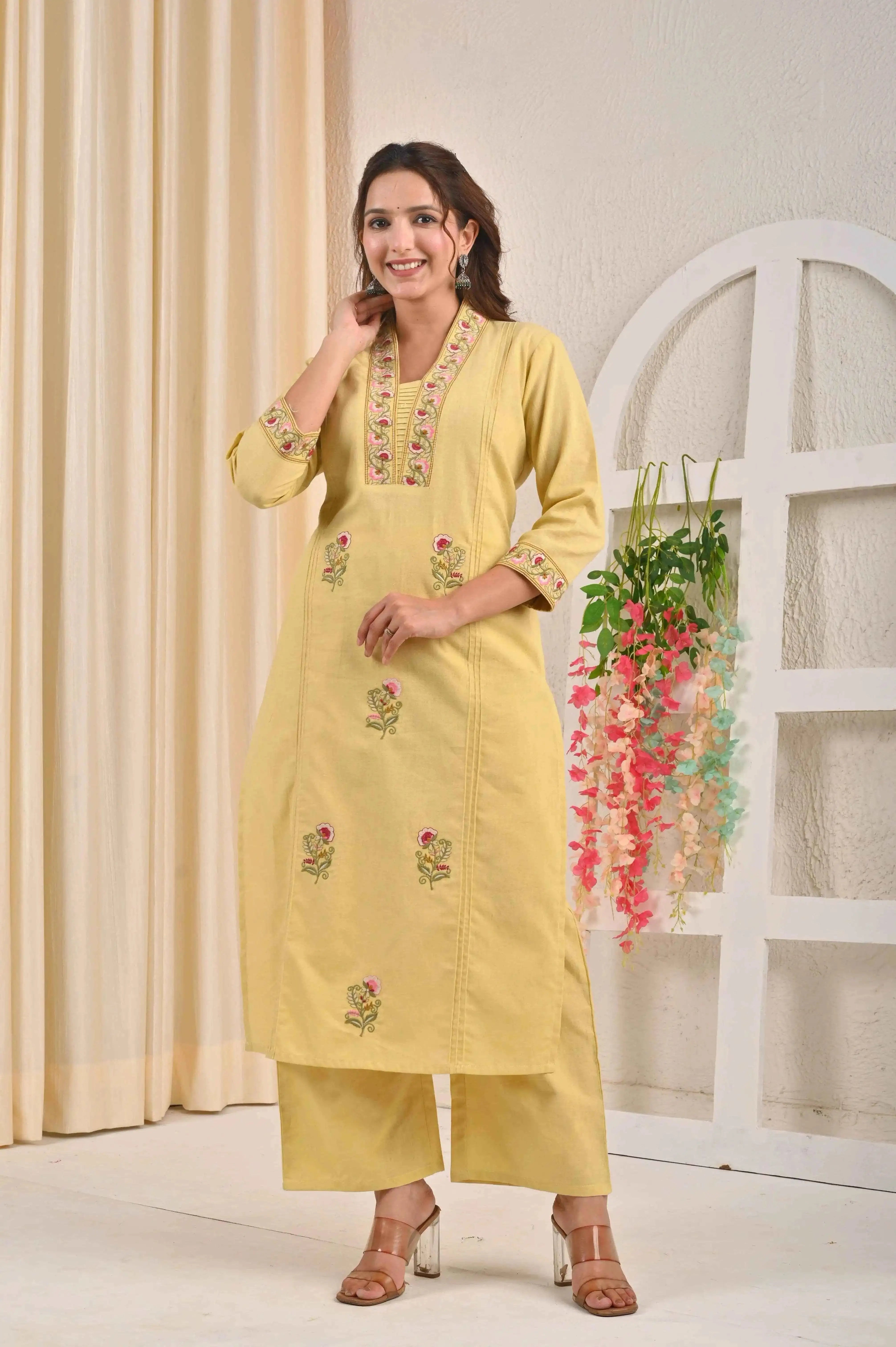 BELVEERA Yellow Cotton Women's Embroidered Kurta Set