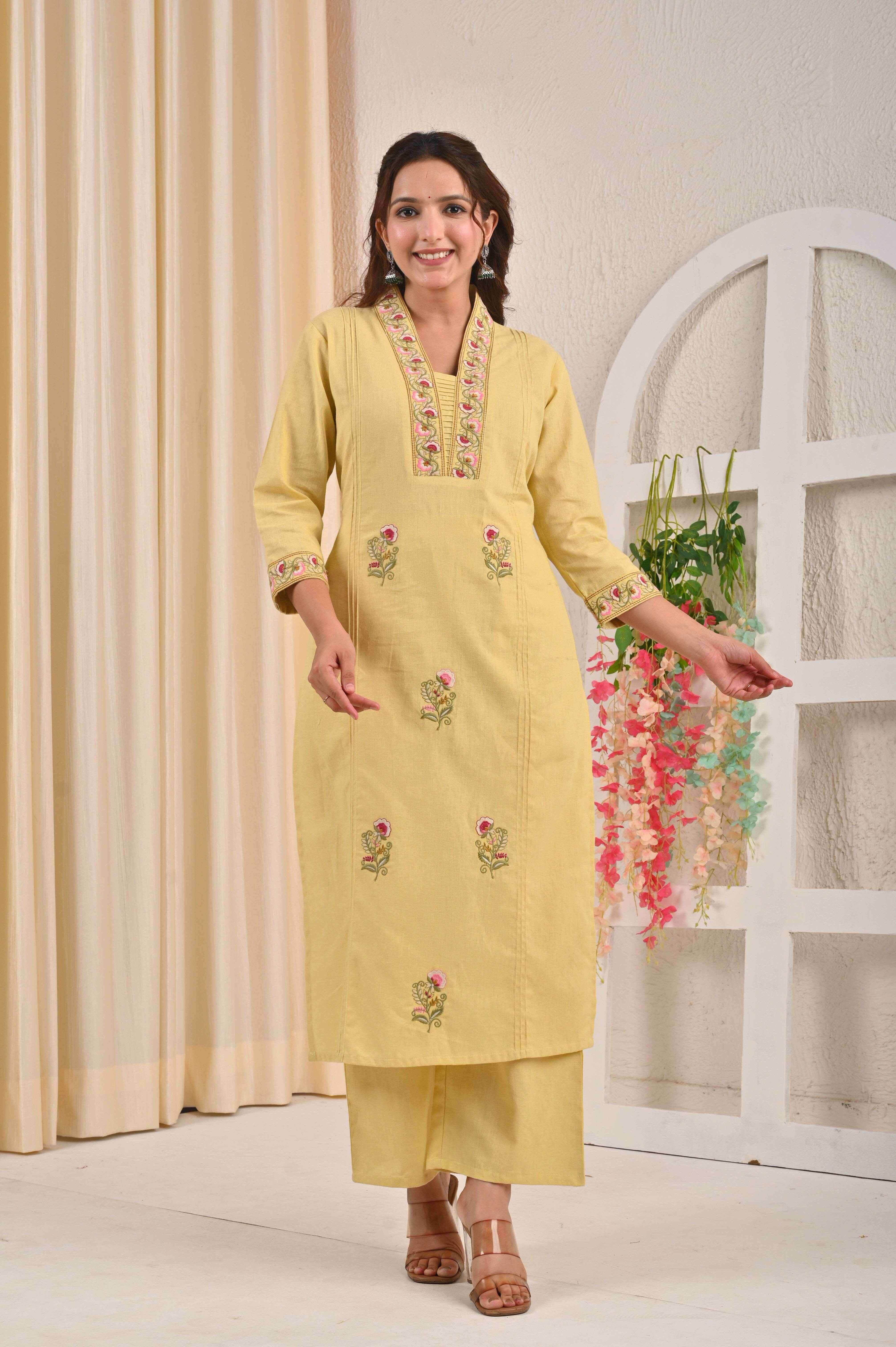 BELVEERA Yellow Cotton Women's Embroidered Kurta Set