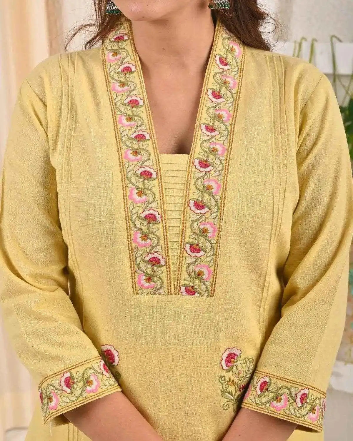 BELVEERA Yellow Cotton Women's Embroidered Kurta Set