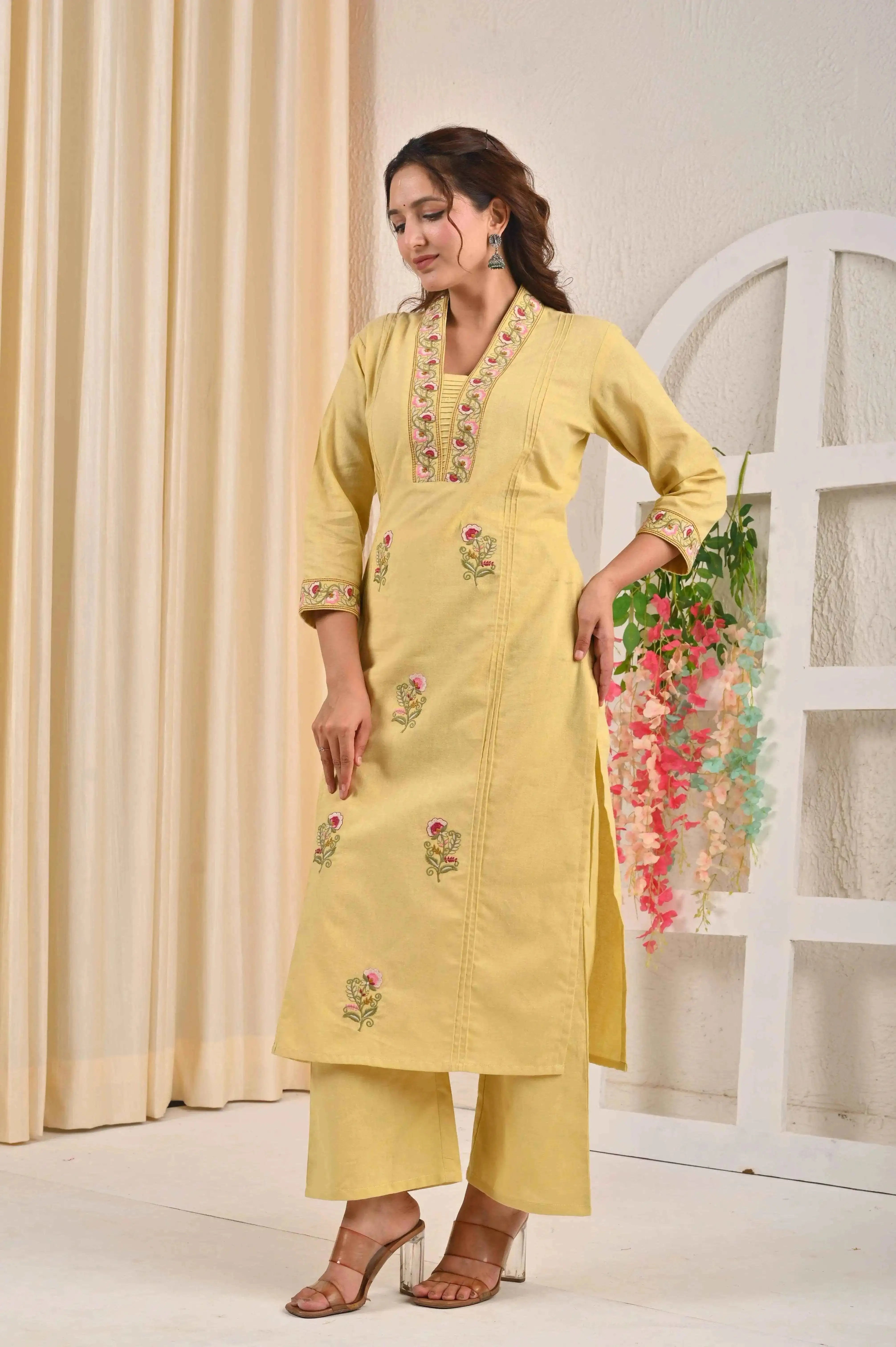 BELVEERA Yellow Cotton Women's Embroidered Kurta Set