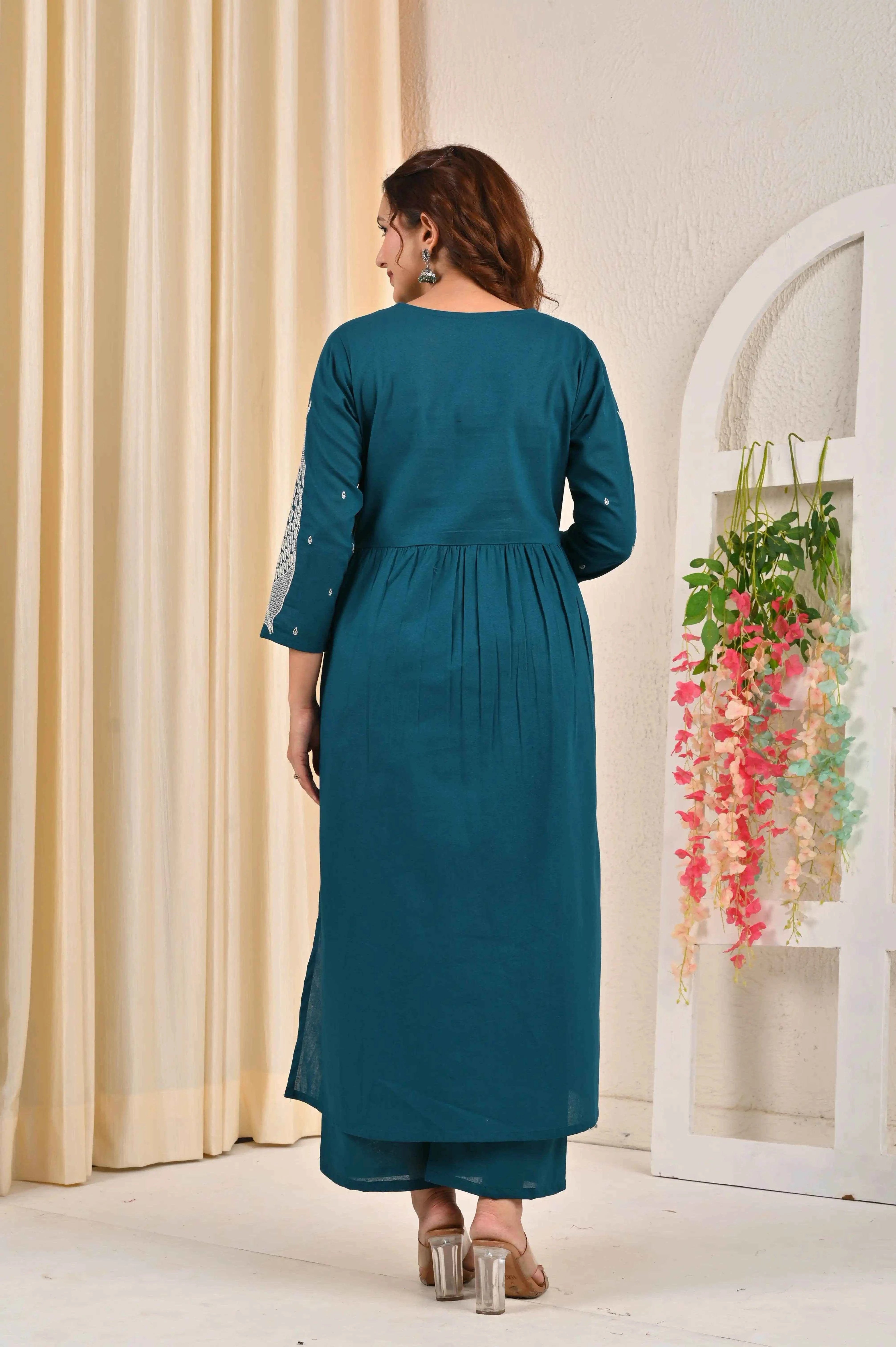 BELVEERA Teal Cotton Women’s leaf Embroidered Kurta Set