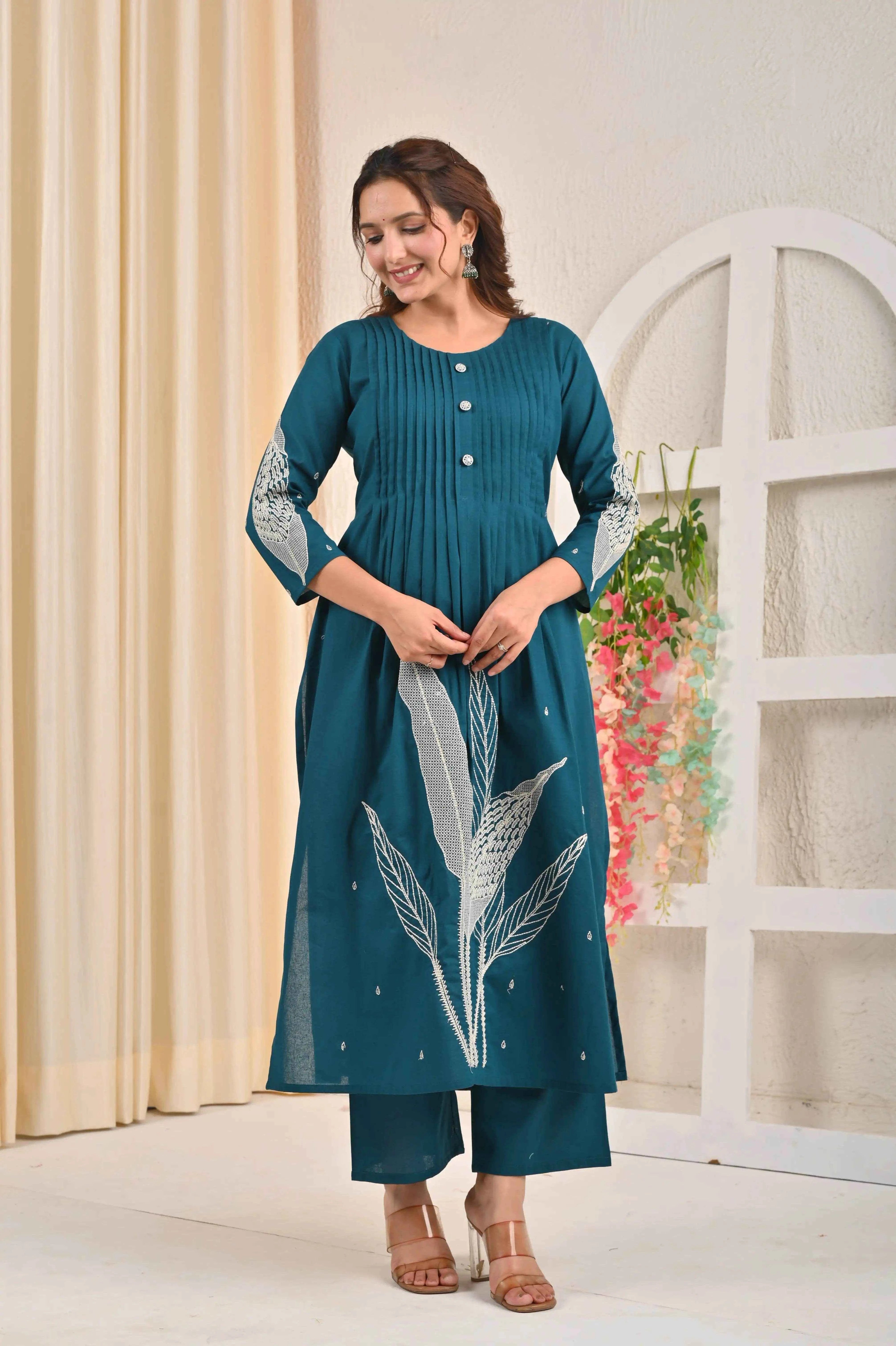 BELVEERA Teal Cotton Women’s leaf Embroidered Kurta Set