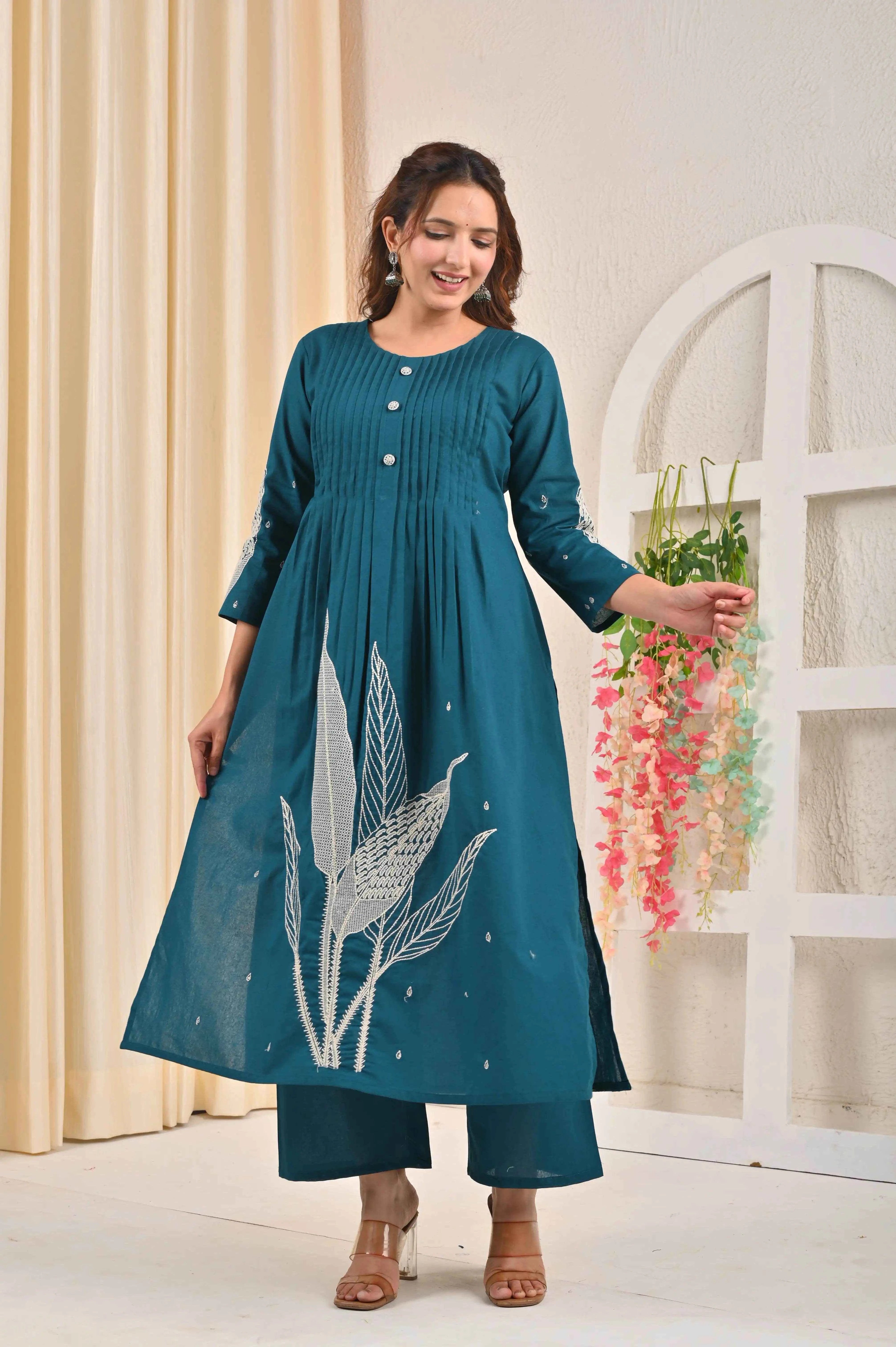 BELVEERA Teal Cotton Women’s leaf Embroidered Kurta Set