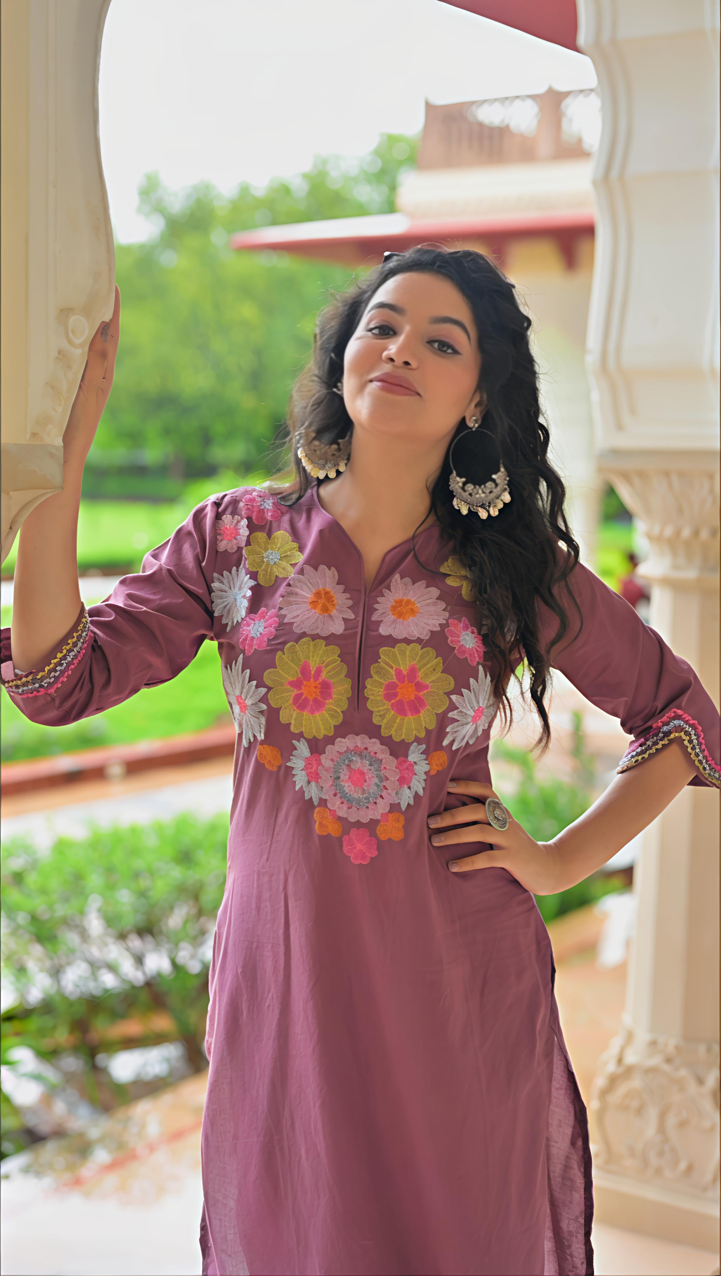 Belveera traditional Indian kurta set in purple with vibrant floral embroidery for festive occasions
