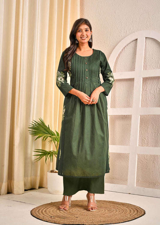 BELVEERA Bottle Green Cotton Women’s Floral Kurta Set