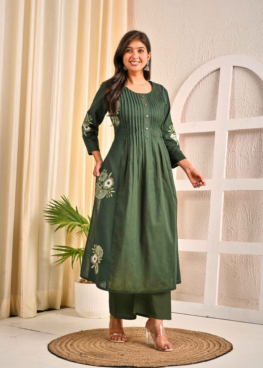 BELVEERA Bottle Green Cotton Women’s Floral Kurta Set