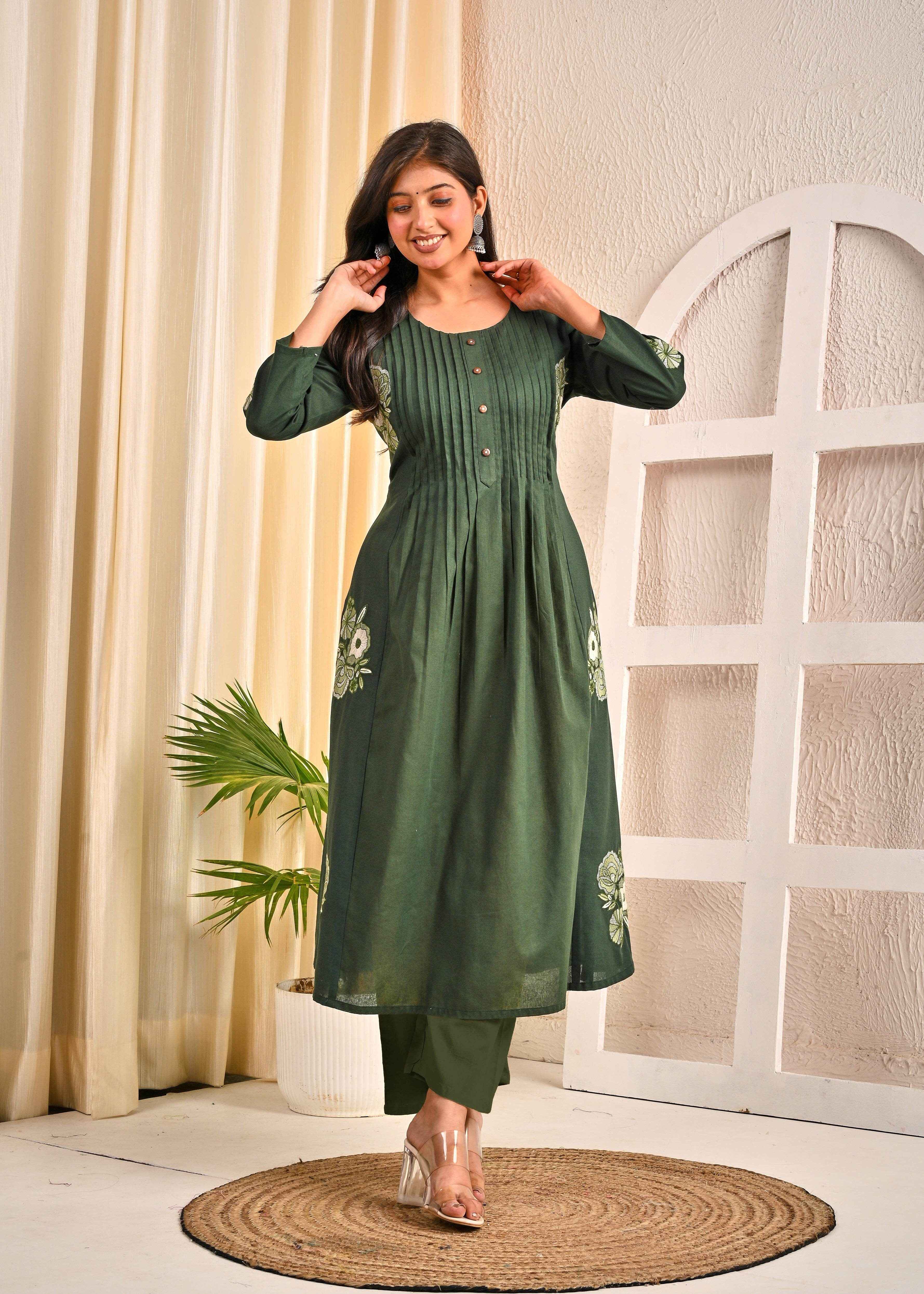 BELVEERA Bottle Green Cotton Women’s Floral Kurta Set