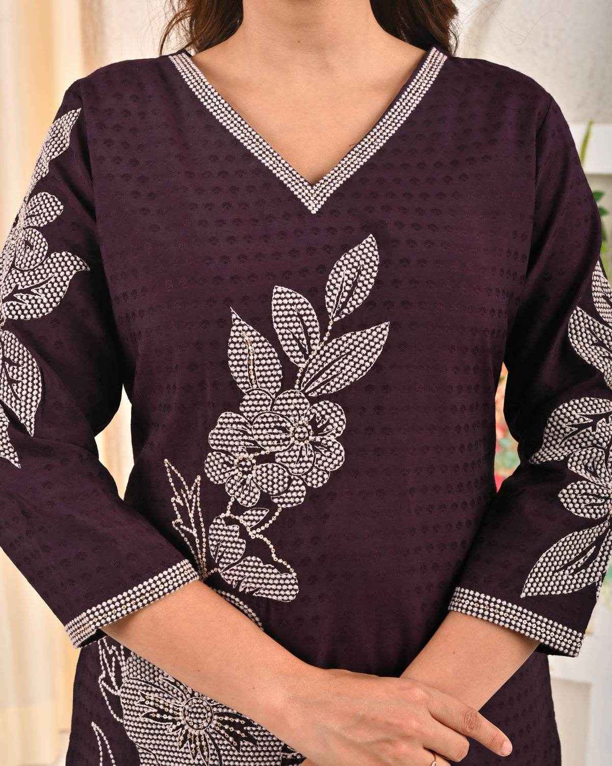 Belveera Women's Purple V-Neck Tunic with Floral Embroidery and 3/4 Sleeves