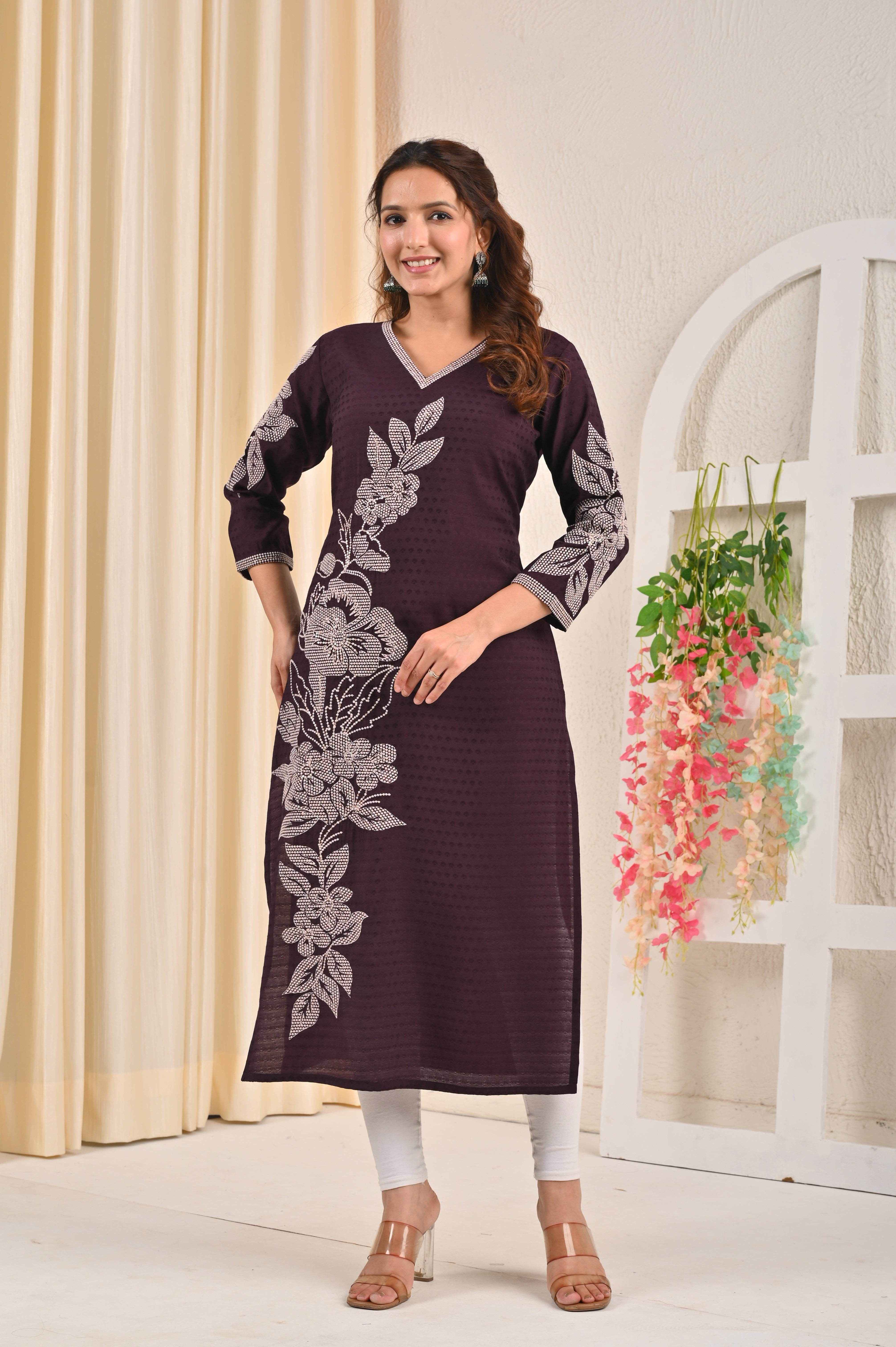 Belveera Women's Purple Embroidered Kurta Dress with Elegant Floral Design and Three-Quarter Sleeves