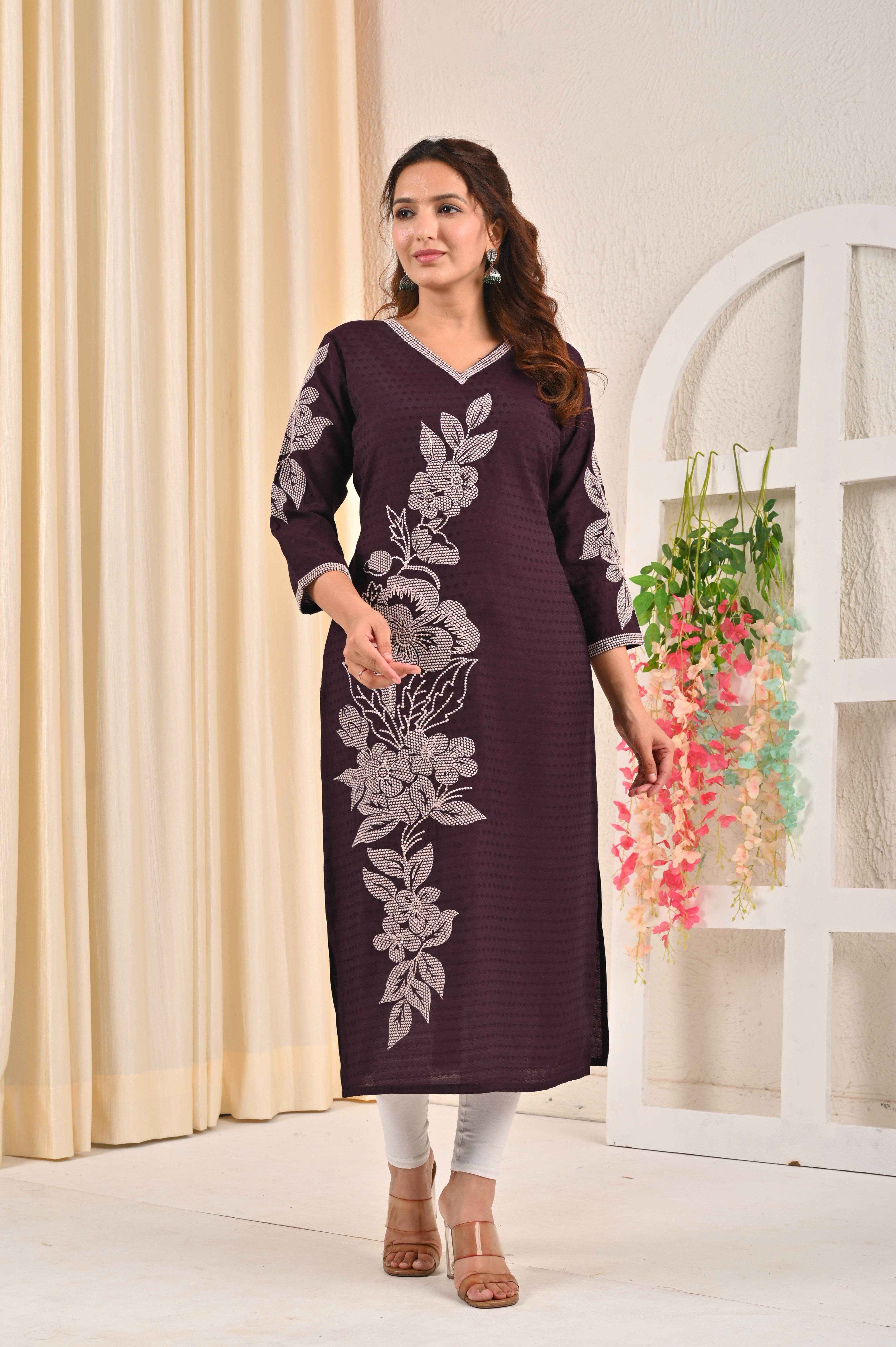 Belveera Women's Purple Embroidered Kurta with Floral Design and V-Neckline for Elegant Style