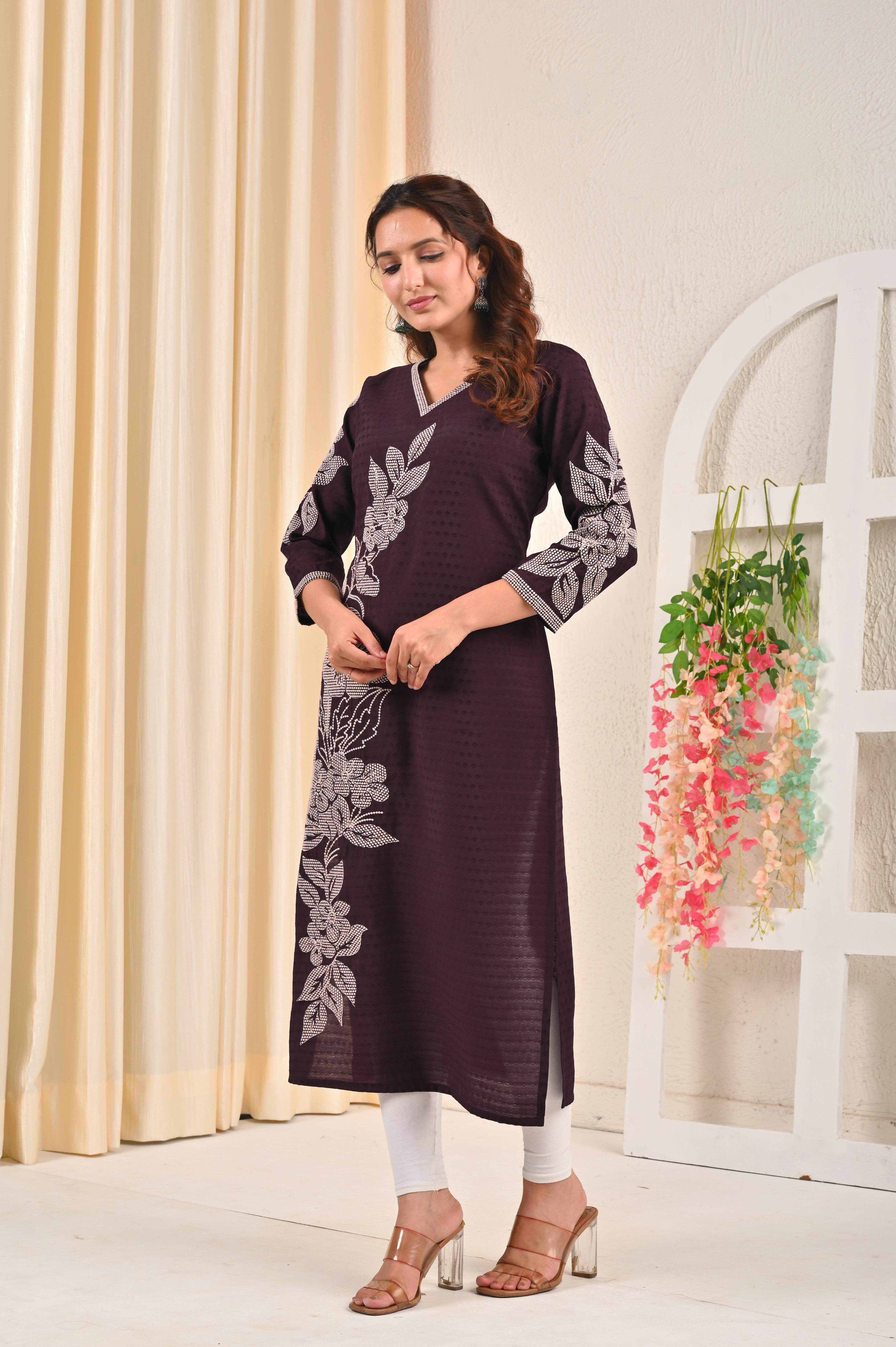 Belveera Women's Ethnic Long Kurta in Dark Purple with Floral Embroidery and Side Slits