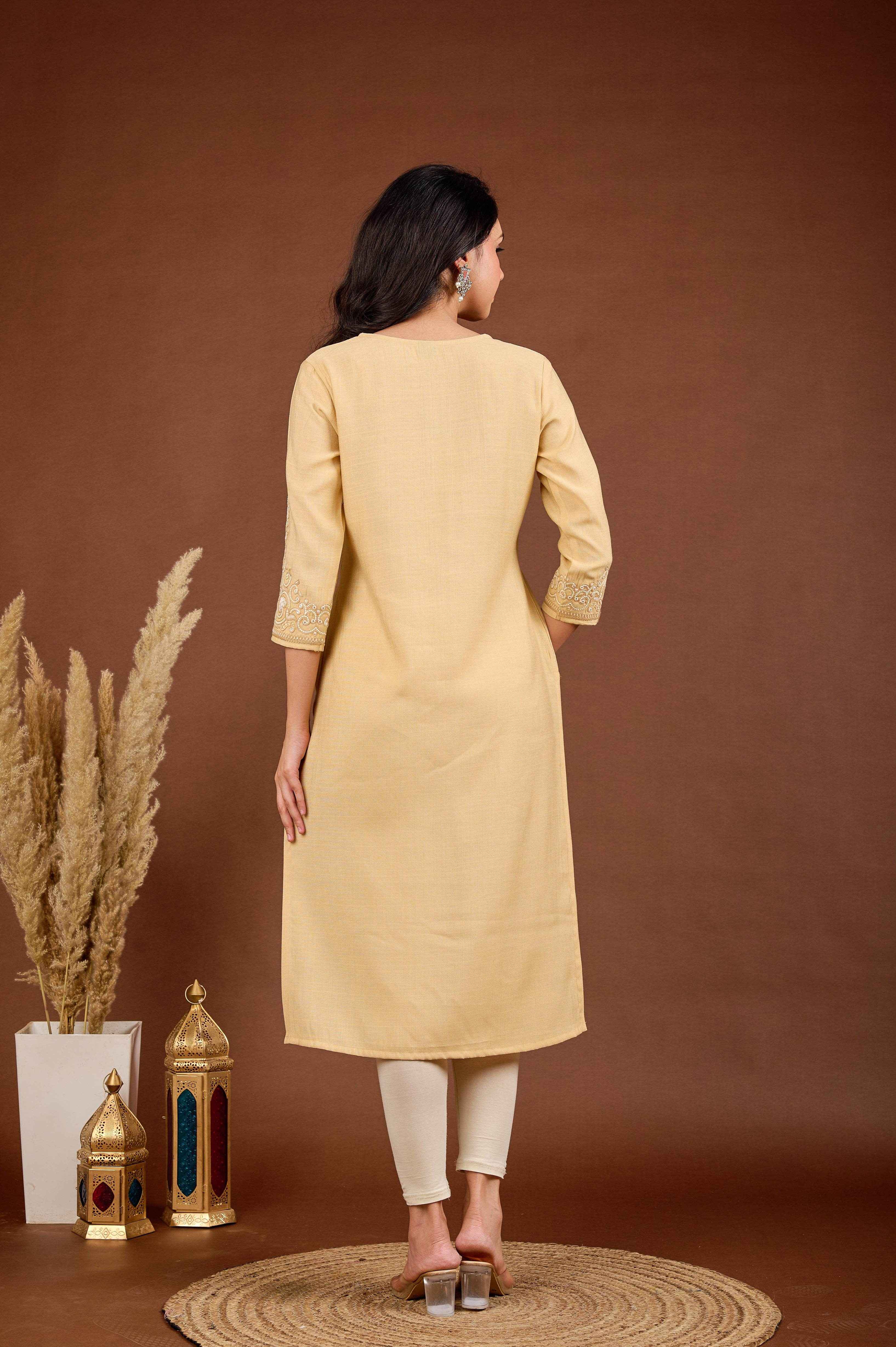 BELVEERA Beige White Embroidery on Chest and Sleeves Embroidery Kurta