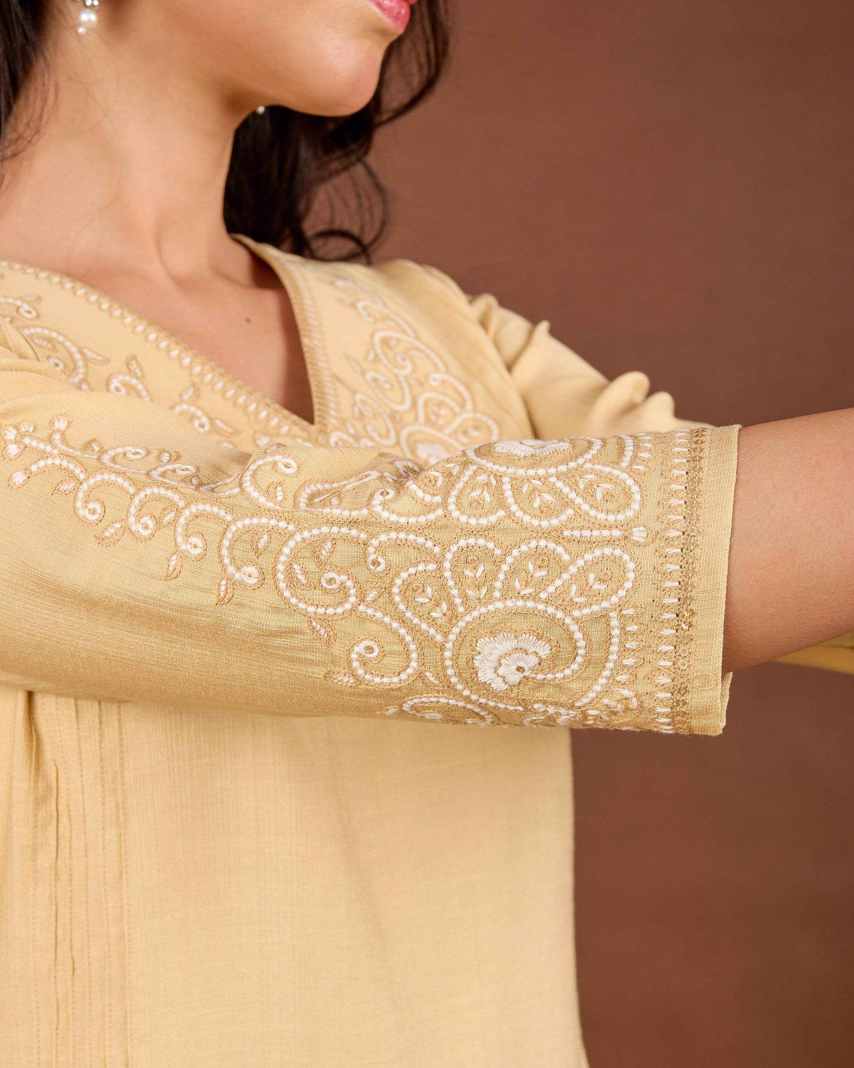 BELVEERA Beige White Embroidery on Chest and Sleeves Embroidery Kurta