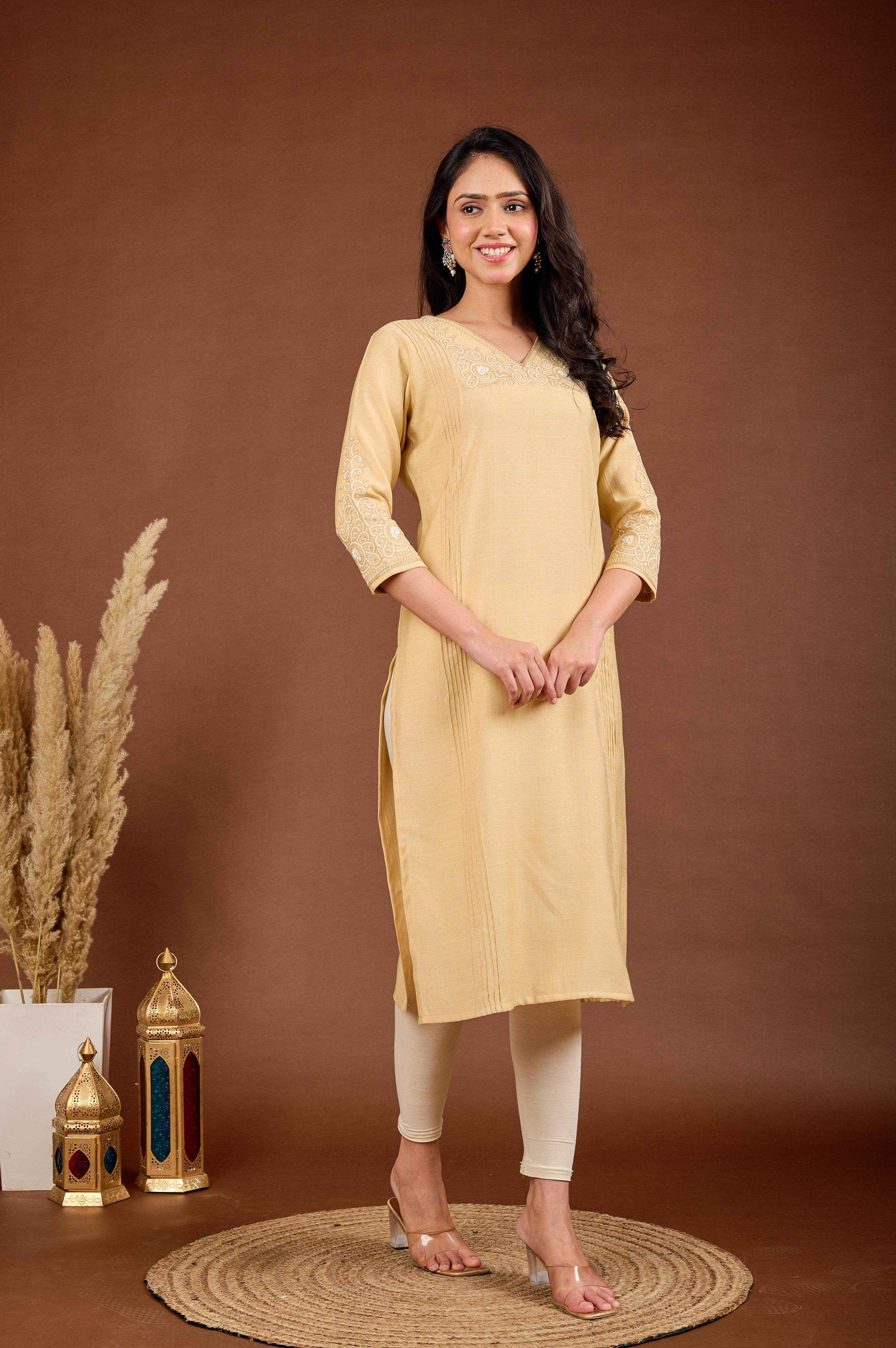BELVEERA Beige White Embroidery on Chest and Sleeves Embroidery Kurta