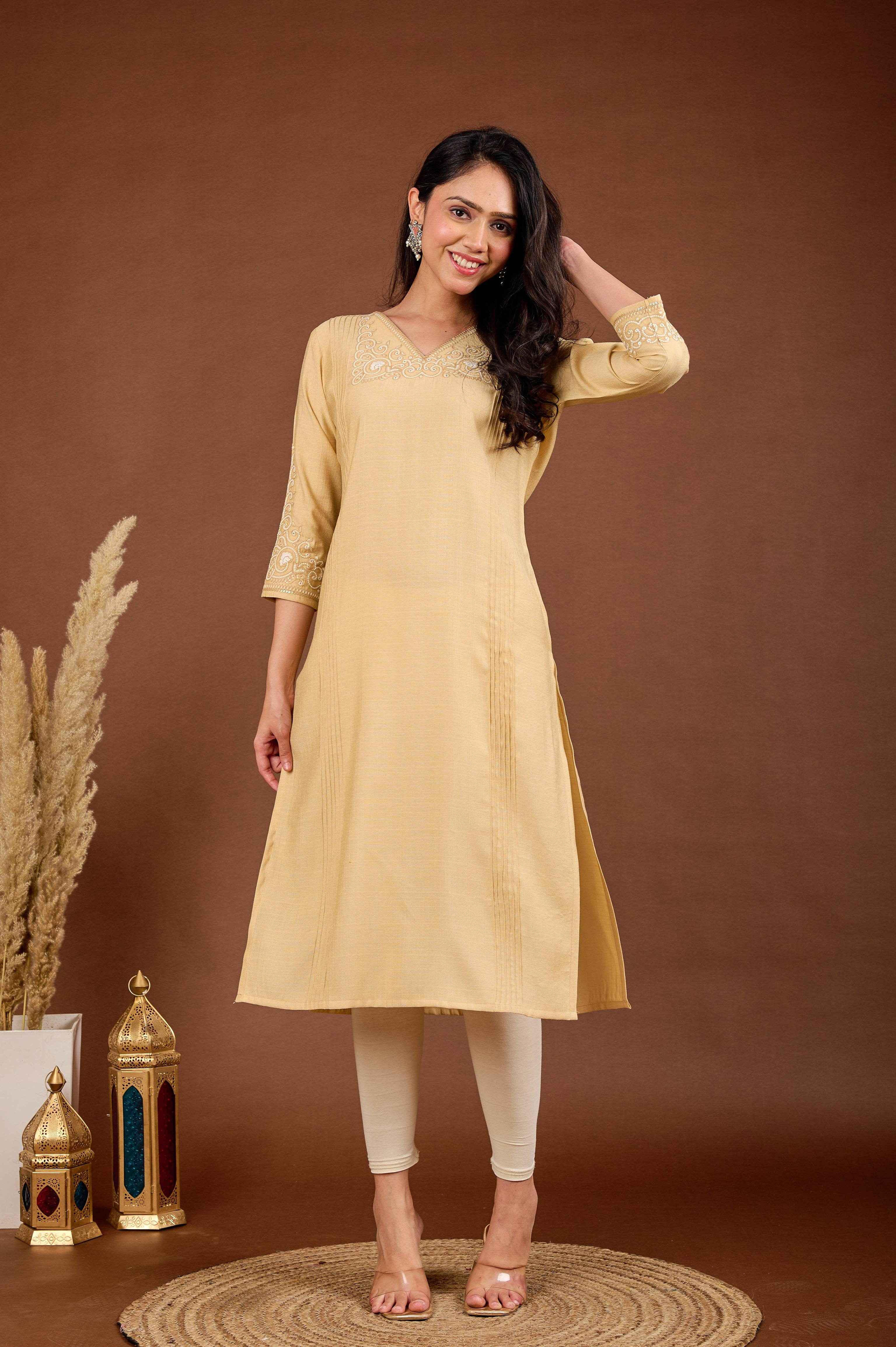 BELVEERA Beige White Embroidery on Chest and Sleeves Embroidery Kurta