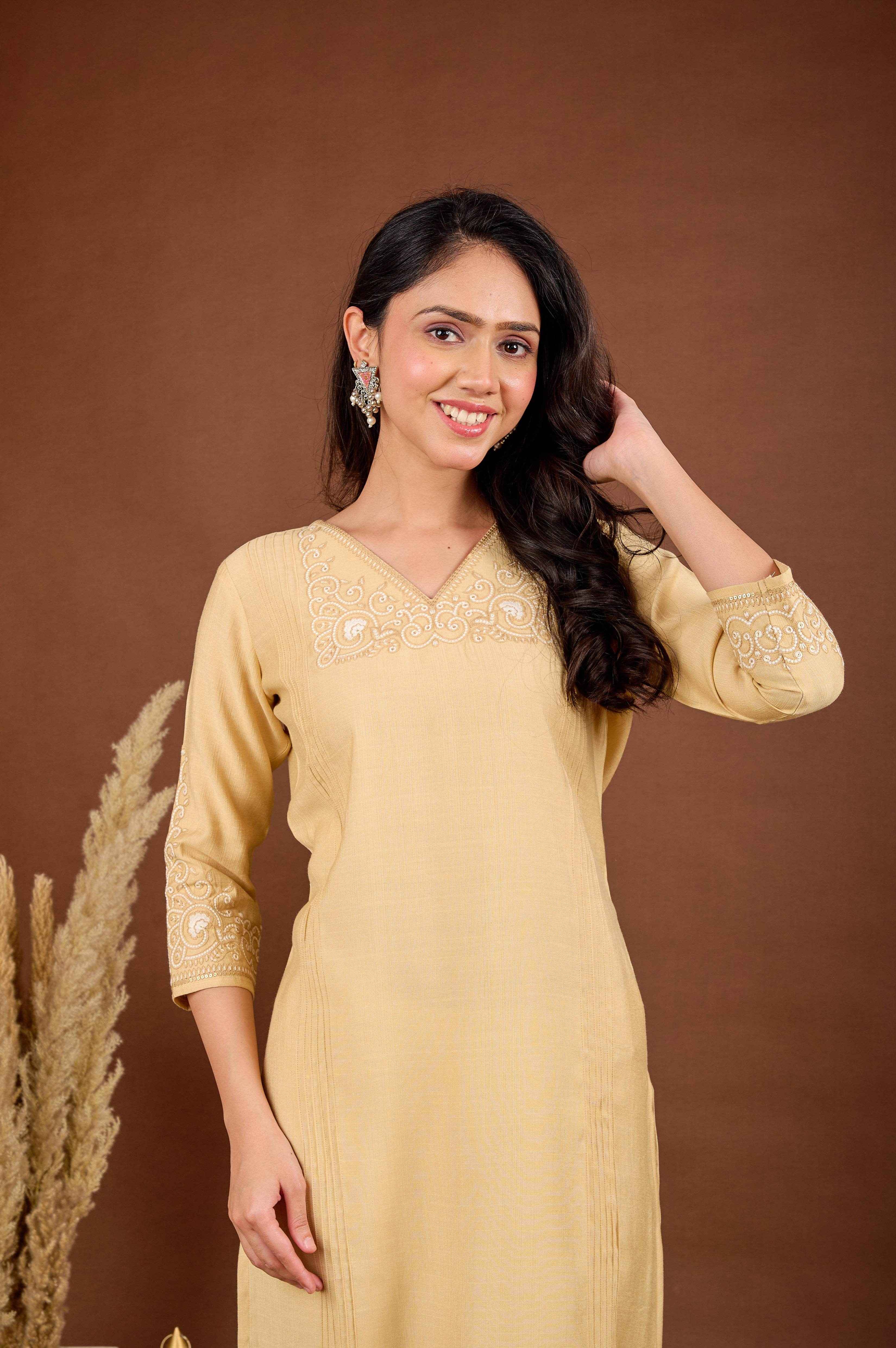 BELVEERA Beige White Embroidery on Chest and Sleeves Embroidery Kurta