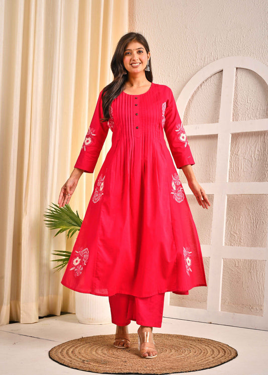 BELVEERA Pink Cotton Women’s Floral Kurta Set