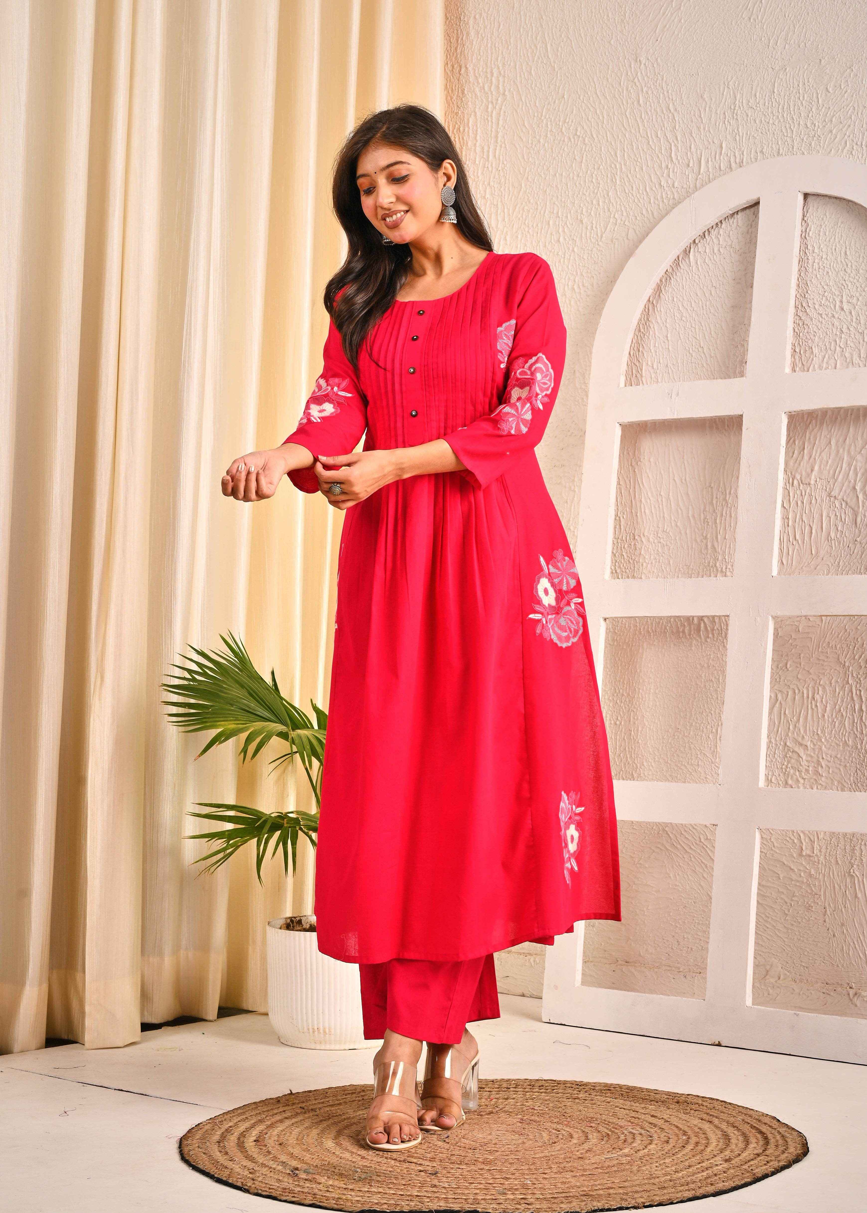 BELVEERA Pink Cotton Women’s Floral Kurta Set