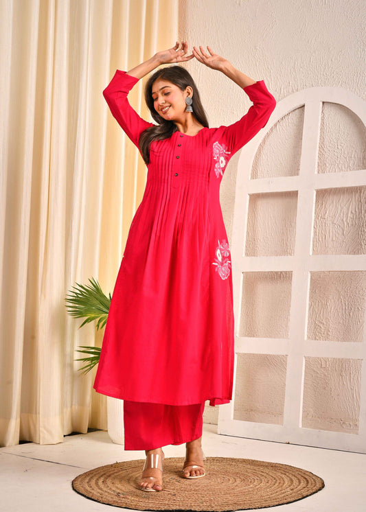 BELVEERA Pink Cotton Women’s Floral Kurta Set