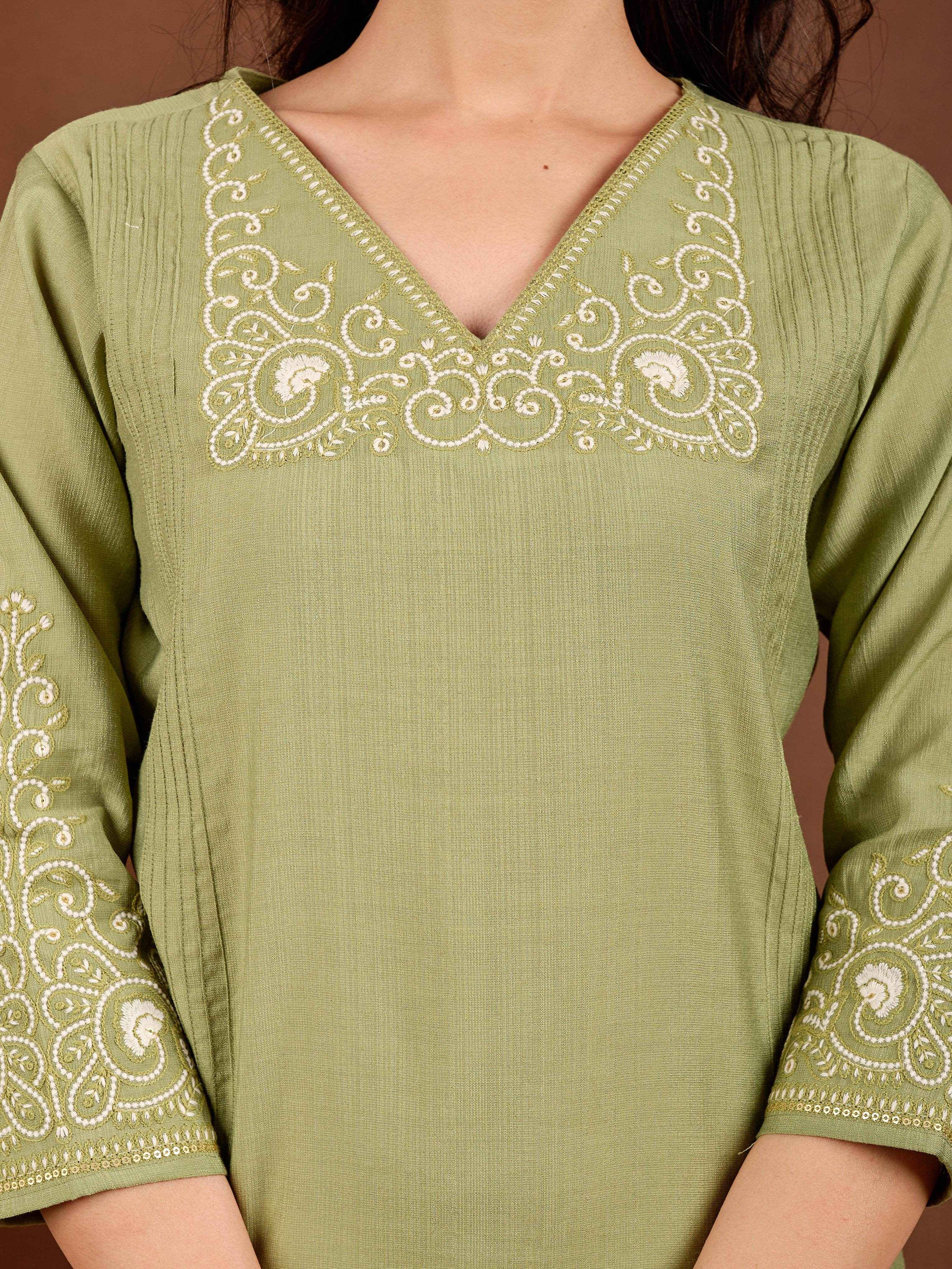 BELVEERA Olive Green White Embroidery on Chest and Sleeves Kurta