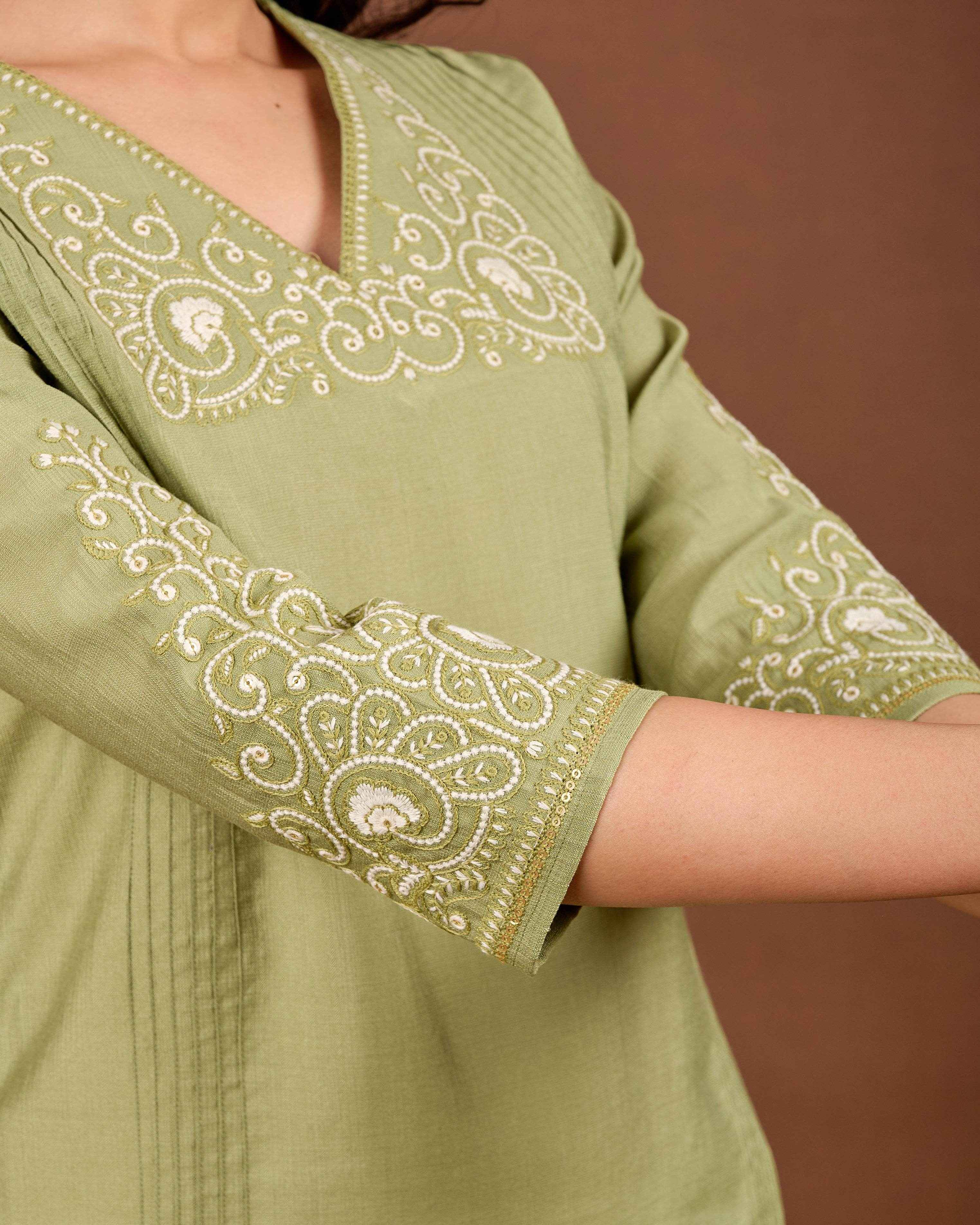BELVEERA Olive Green White Embroidery on Chest and Sleeves Kurta