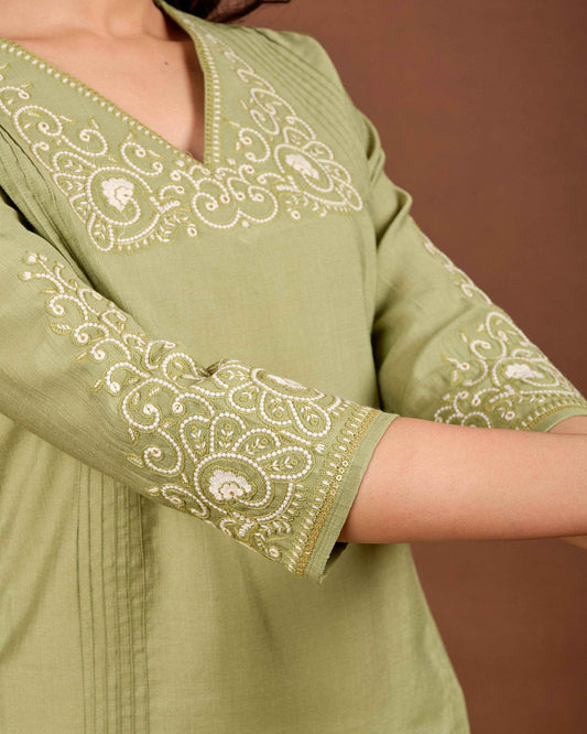 BELVEERA Olive Green White Embroidery on Chest and Sleeves Kurta