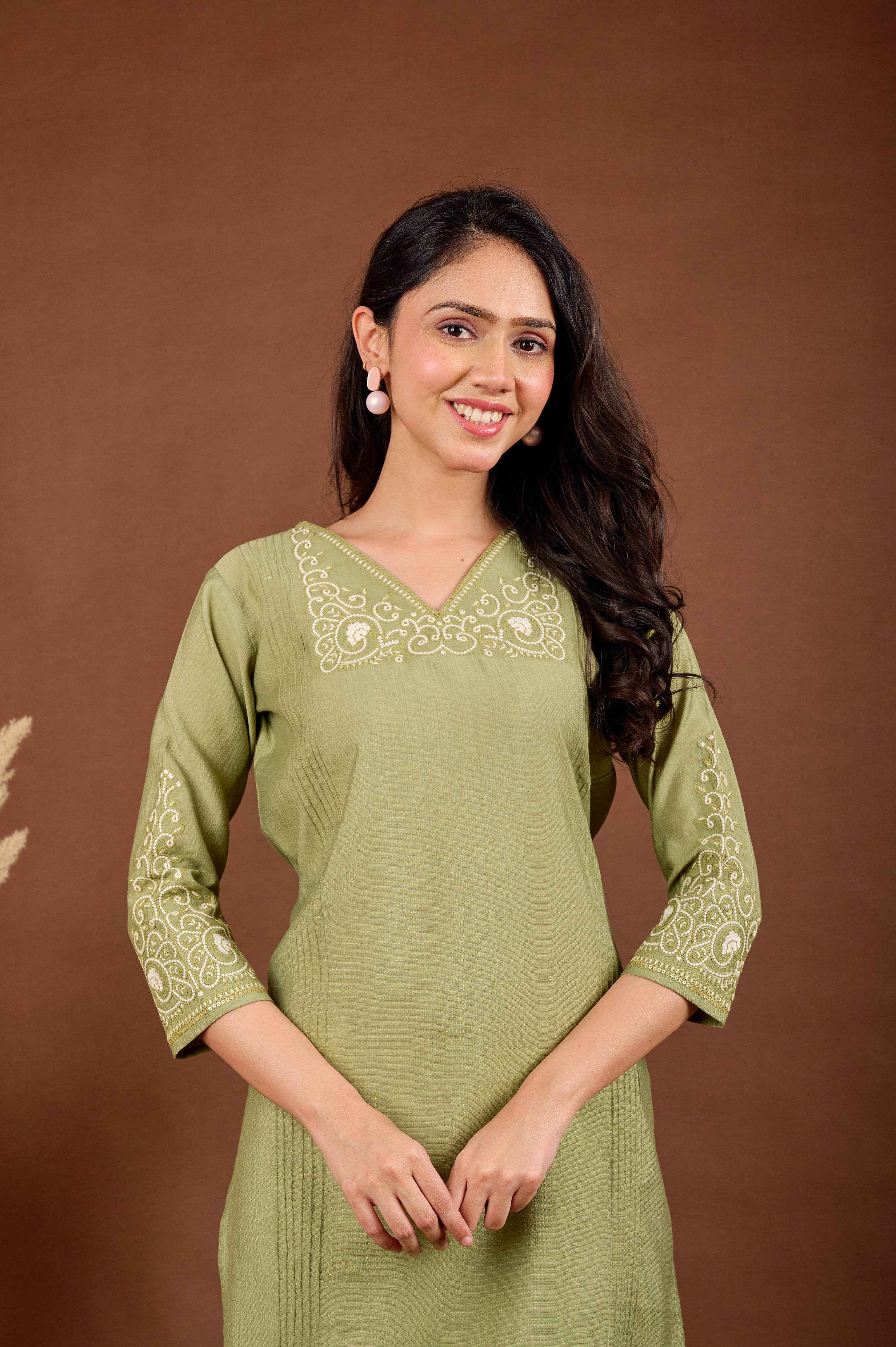 BELVEERA Olive Green White Embroidery on Chest and Sleeves Kurta