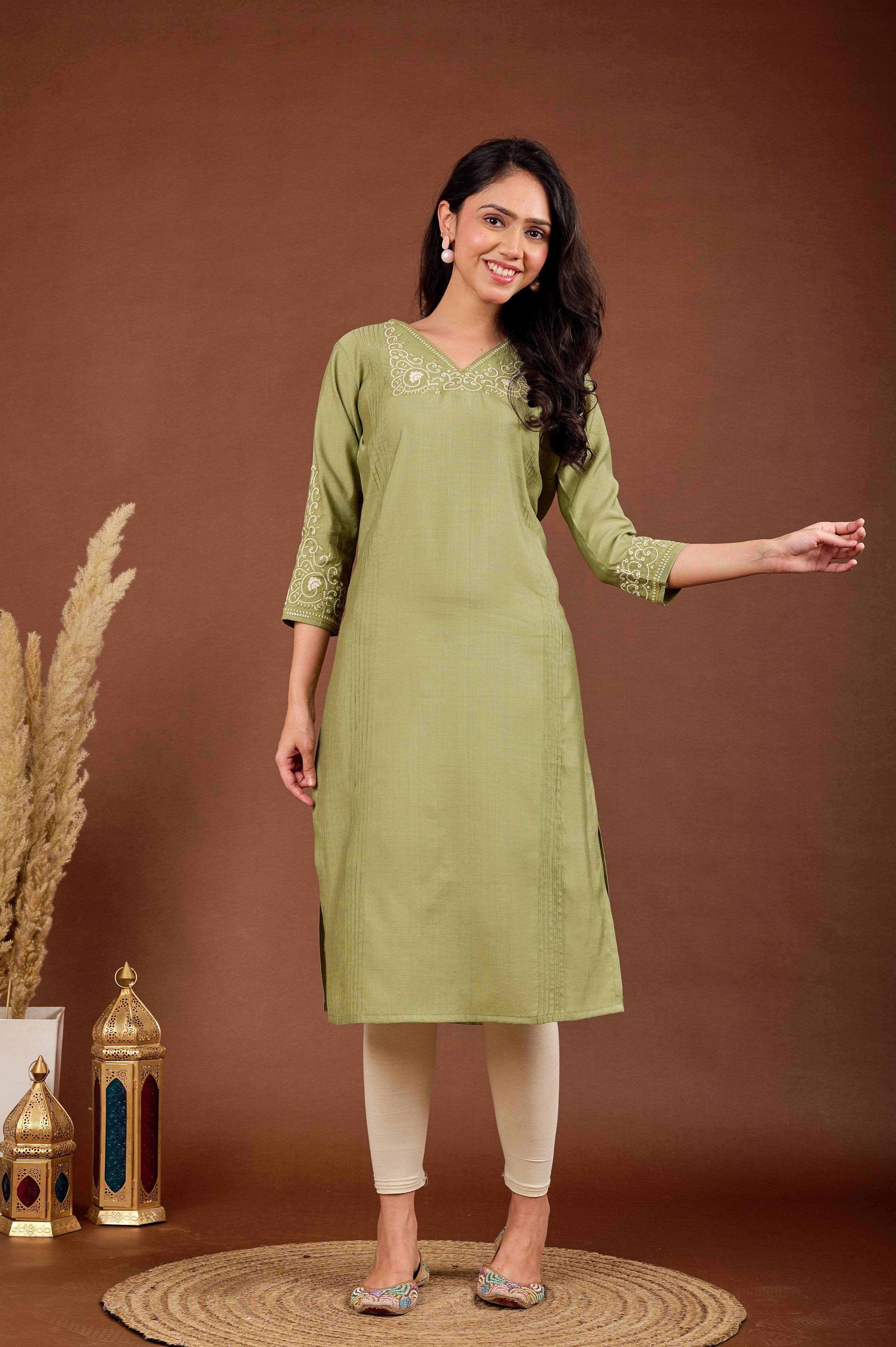 BELVEERA Olive Green White Embroidery on Chest and Sleeves Kurta